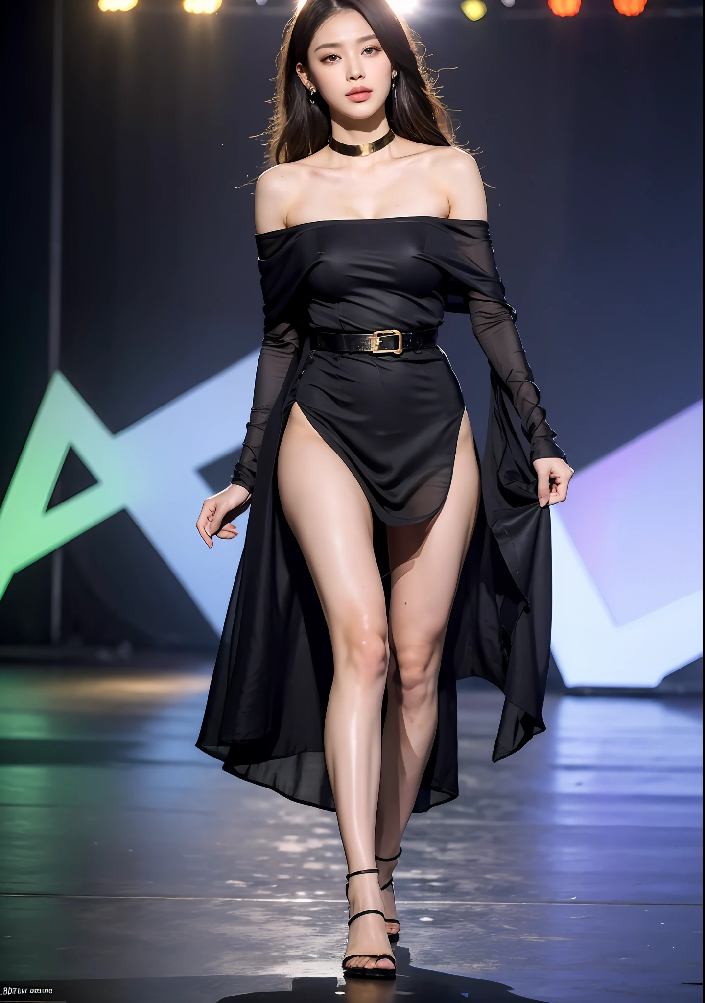 (Best quality, 8k, 32k, Masterpiece, UHD: 1.2), photo of beautiful black woman, 1girl, (medium-short dark brown hair), double eyelid, fashion model, beautiful legs, white maxi dress very wet single with slit, off-shoulder, gold belt, choker, high stand, catwalk, huge stage, Paris Collection, nsfw, full body, see through,,