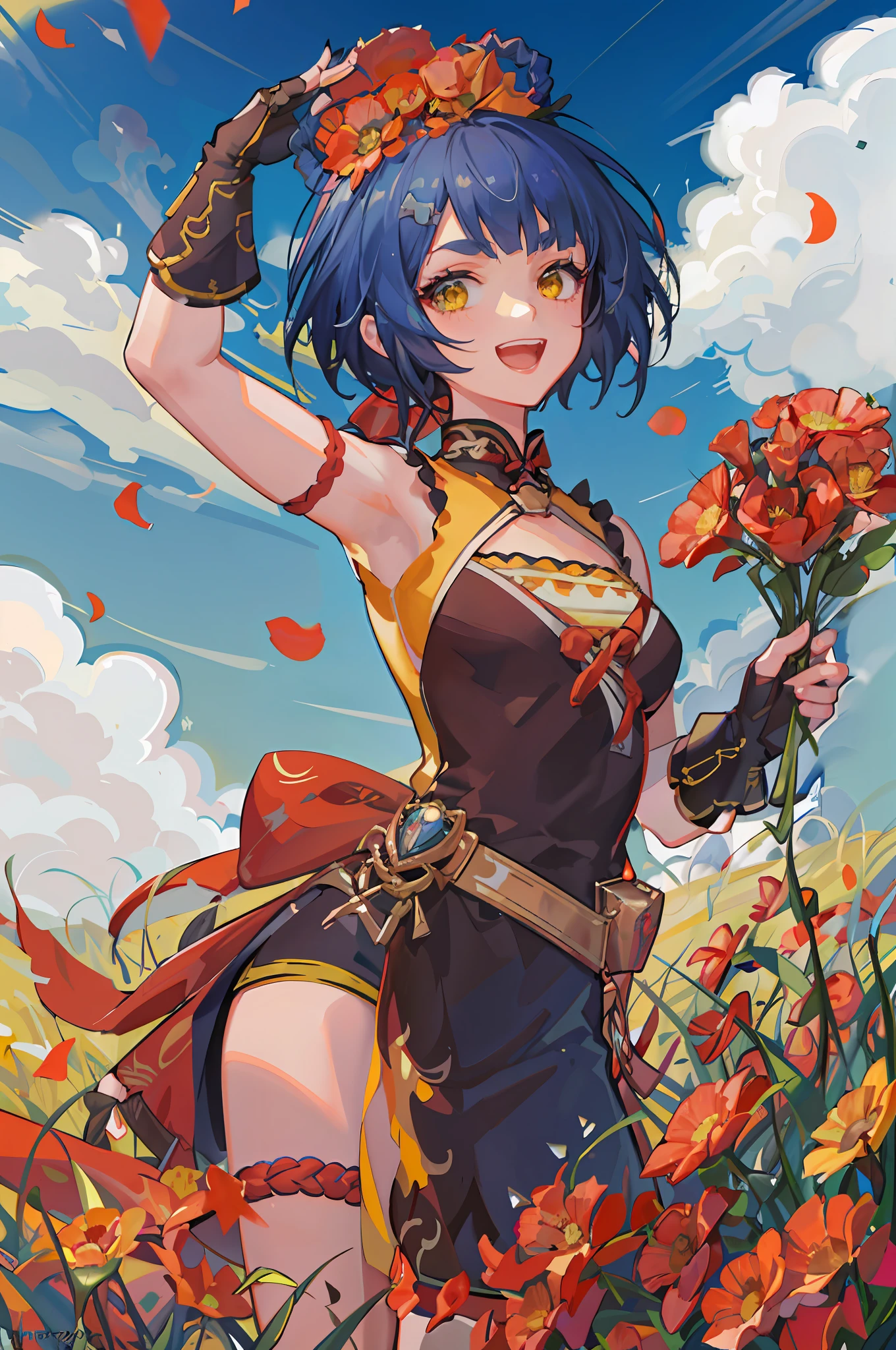 absurdres, highres, ultra detailed, 1girl, solo, extremely detailed eyes, (official art, beautiful and aesthetic:1.2), (1girl), extreme detailed,colorful,highest detailed, short blue hair with 2 braids on top of the head, yellow chinese clothes, in a field of poppy flowers, poppies, sunny day blue sky and white clouds, lots of red flowers, flower crown on her head, lots of flowers in her hands