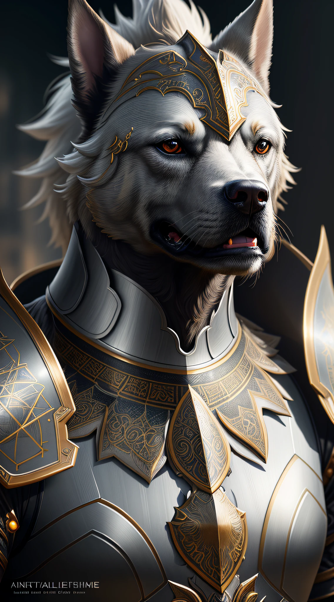 Anthropomorphic majestic dog knight, portrait, finely detailed armor, cinematic lighting, intricate filigree metal design, 4k, 8k, unreal engine, octane render, --ar 9:16 --testp --upbeta