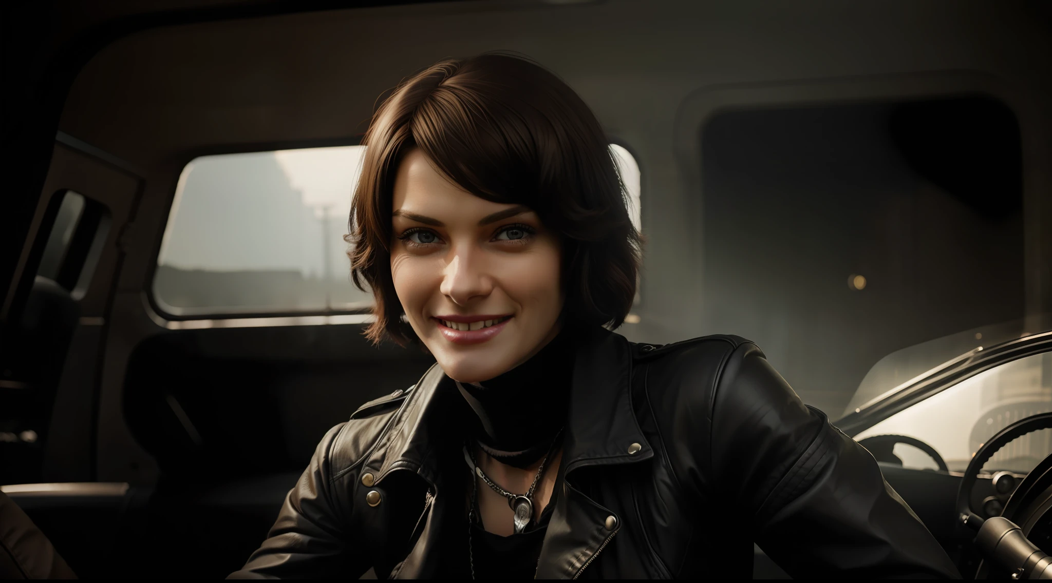 woman alone, dieselpunk clothes, (looking at viewer), (smiling: 1.1), (skindentation), road, dieselpunk motor vehicle, standing to the side, looking at viewer, referenced photo, best quality, ultra high res, (photorealistic: 1.4), (detailed face and eyes), vibrant, photorealistic, realistic, dramatic, dark, sharp focus, 8k