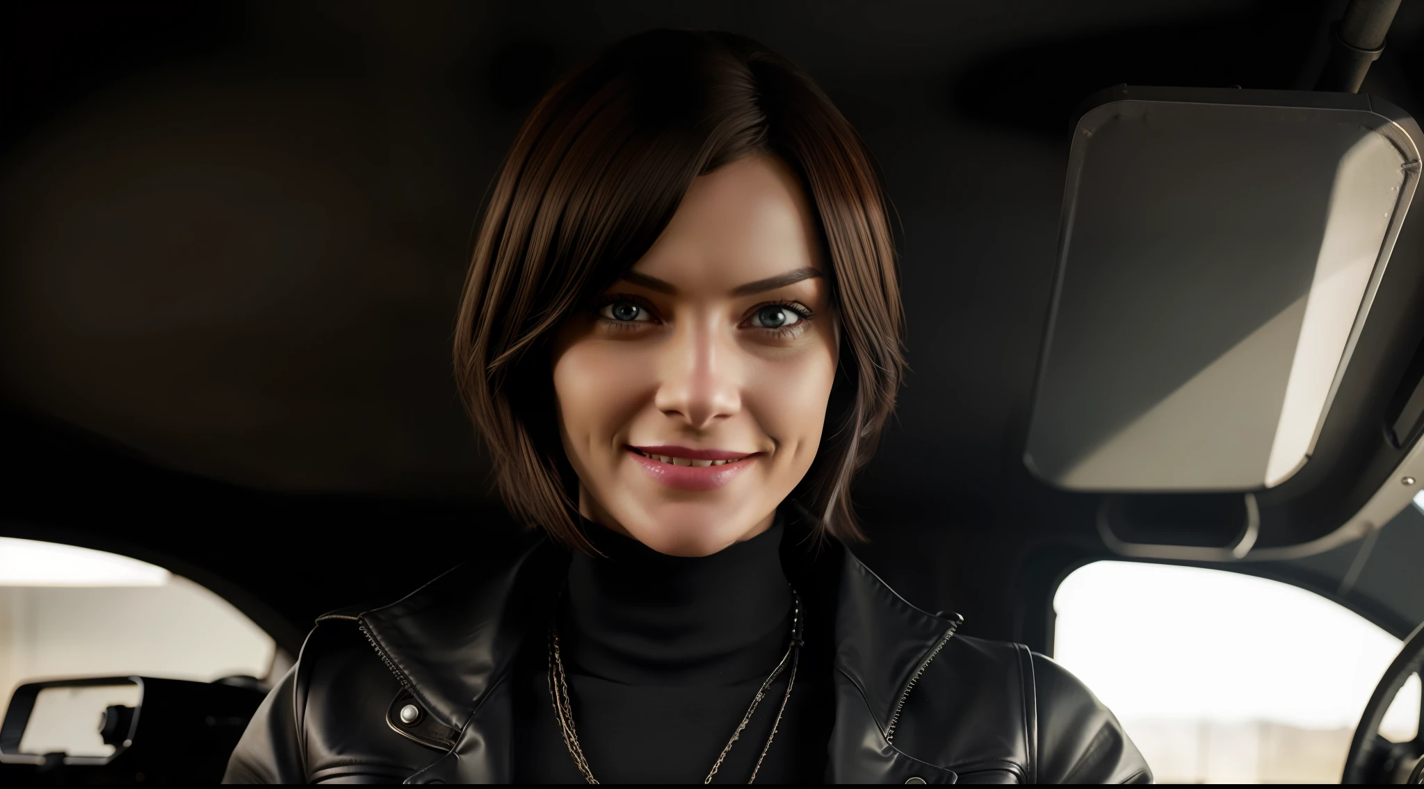 woman alone, dieselpunk clothes, (looking at viewer), (smiling: 1.1), (skindentation), road, dieselpunk motor vehicle, standing to the side, looking at viewer, referenced photo, best quality, ultra high res, (photorealistic: 1.4), (detailed face and eyes), vibrant, photorealistic, realistic, dramatic, dark, sharp focus, 8k