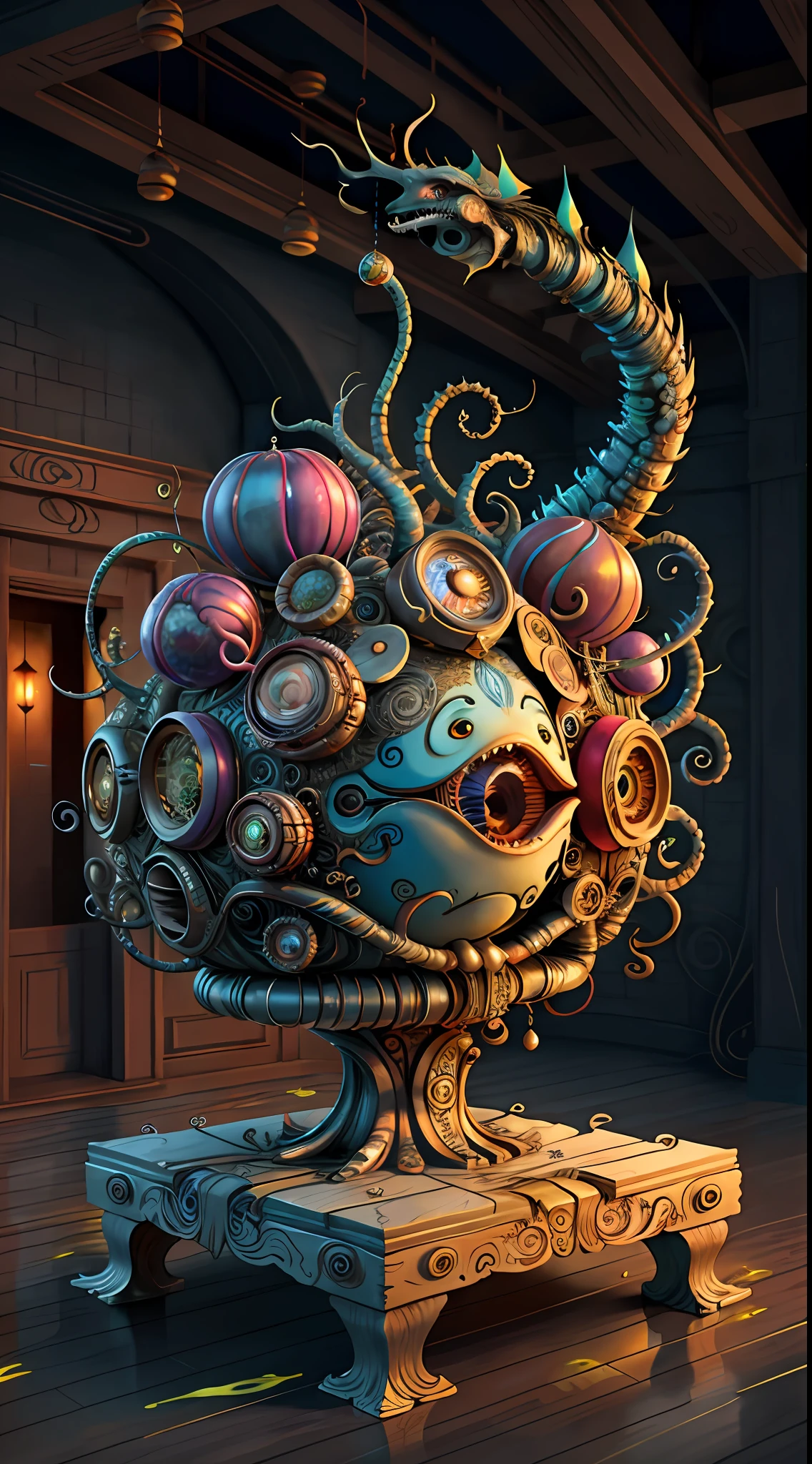 (best quality: 1.4), (masterpiece: 1.2), detailed, complex, high resolution, iridescent colors, A charming and fascinating creature with otherworldly forms that blend the best aspects of the monster human form and the innocent charm of a precocious child, scales, wings, blue, texture, complex, gorgeous, 3D, highly detailed, decorative style, Tim Burton, Dale Chihuly, Bruce Zheng, Cyril Rolando, H. R. Giger $plastic$ Grid: Real Lenoid afremov style, wet, fire