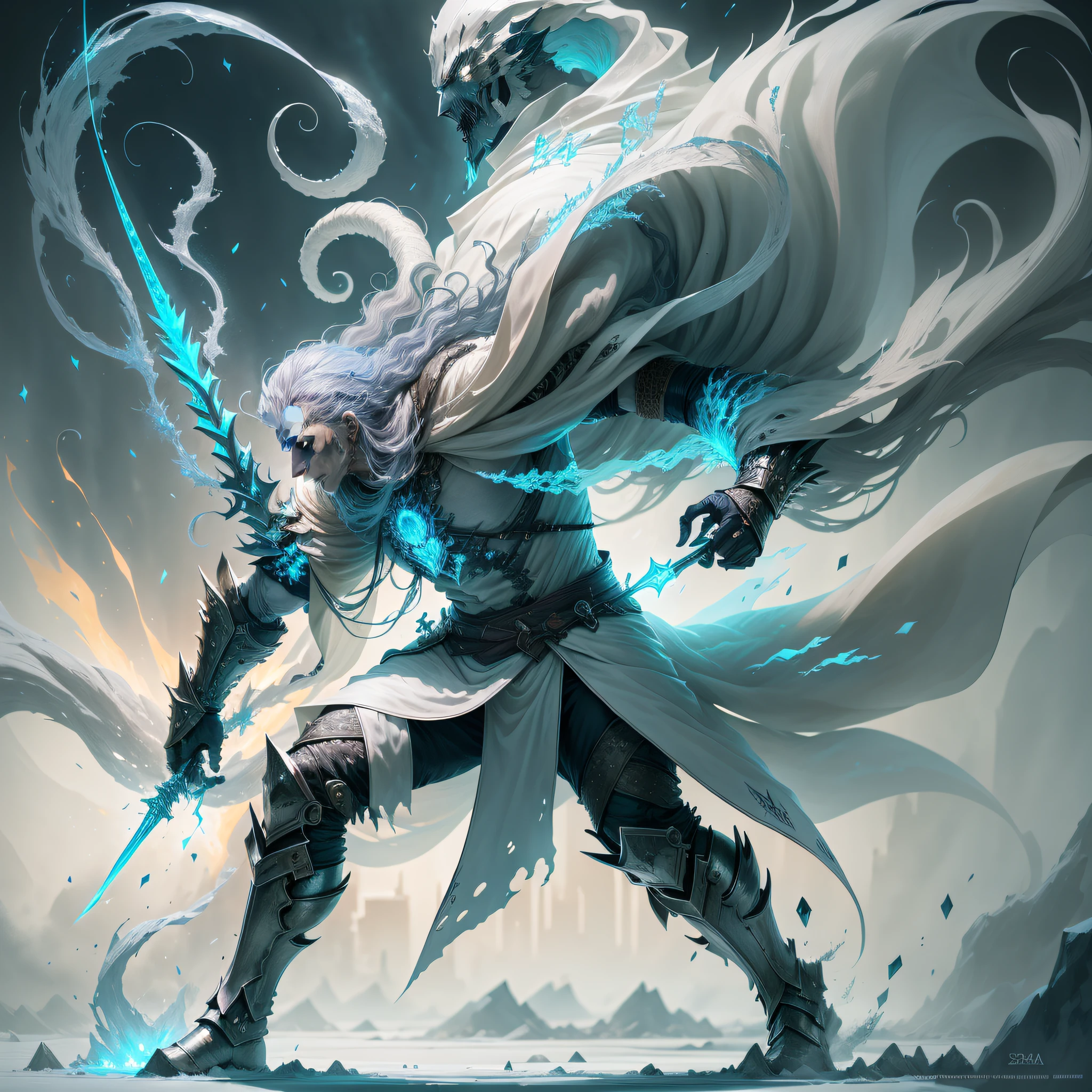 Amid the frigid scenery of the Arctic, a savage warrior emerges from the shadows, shrouded in an icy fog. Her long, cold-whitish hair flies in the wind, while her blue eyes glow brightly, reflecting the light of the Northern Lights dancing in the night sky. His body is protected by an armor made of animal skin, adorned with gleaming ice crystals.

In his hands, he wields a legendary sword, masterfully forged and enchanted with ancestral powers. The blade, made of a silver-like metal like ice, emanates a cold, piercing aura. Each blow delivered by the sword is accompanied by an explosion of shimmering snowflakes, leaving behind a trail of crystalline ice.

While advancing deftly, the warrior connects with the spirit of the polar bear. From his back emerges an imposing shadow, an ethereal figure that blends with his physical form. The spirit of the polar bear comes to life, manifesting as a translucent fog that envelops the warrior and extends to the tip of the sword.

When the warrior strikes a blow, the sword glows brightly and a powerful roar echoes in the air. At that moment, the spirit of the polar bear materializes and emerges from the blade, taking on the majestic form of the animal. With sharp fangs and glowing eyes, the spectral polar bear emanates an icy aura and protects the warrior with its imposing strength as they both advance with determination through the frozen arctic territory