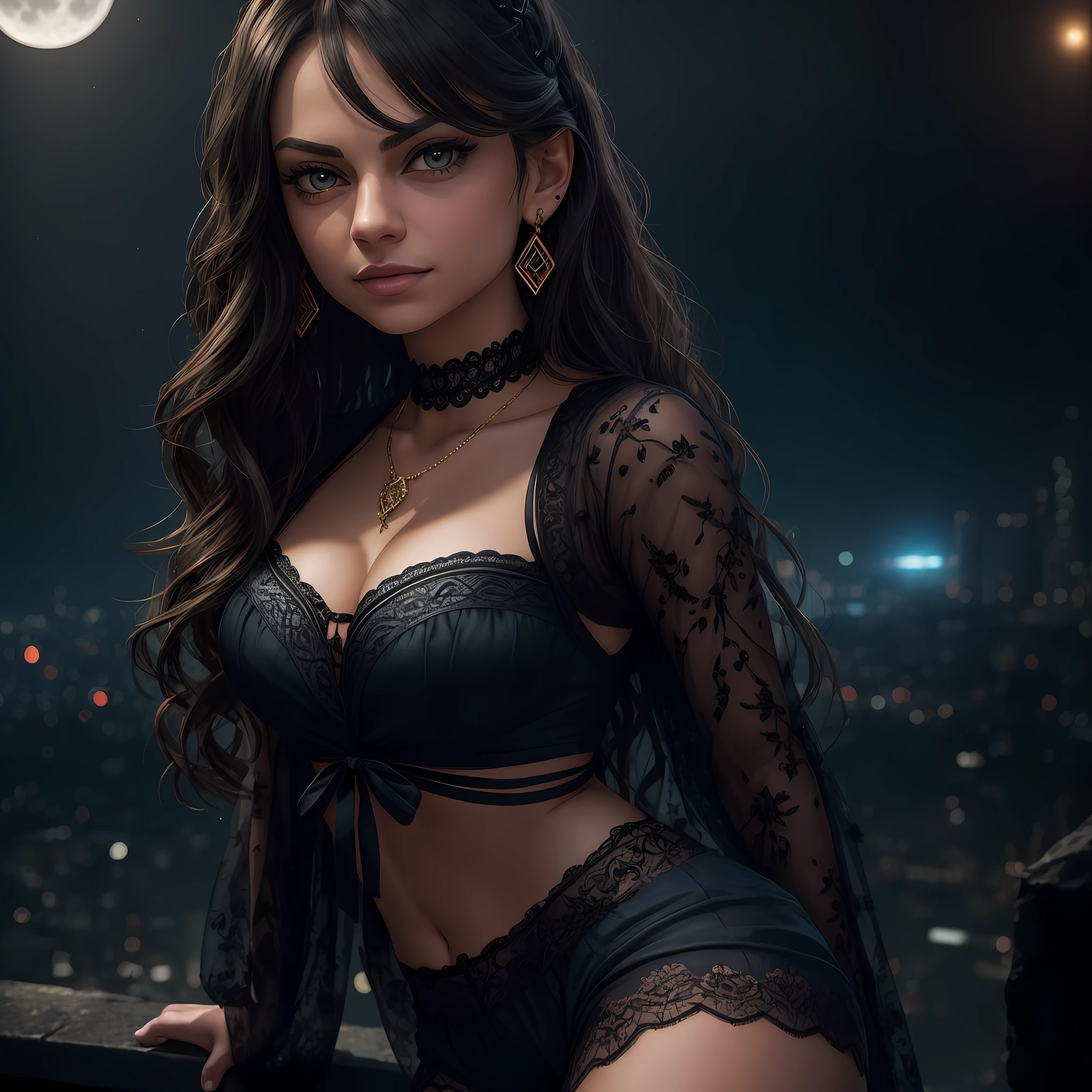 Mila Kunis, face with smile, happy, wavy hair in intense black color with brightness and decorated ties and ribbons, long eyelashes, beautiful blue eyes with sparkle, night makeup, red lipstick on the lips, golden lace shorts with black and details, earrings and necklace and pendant, surrealism, shadow, stereogram, (photorealistic, realistic: 1.2), POV, atmospheric perspective, cinematic lighting, ray tracing, 8k, super detail, best quality, masterpiece, well detailed, (Canan EOS R6, 135mm, 1/1250s, f/2.8, ISO 400:0.9), cyberpunk, full moon lighting, galaxy background, neckline, back, back, round ass, choker and perdeneira with lots of detail.