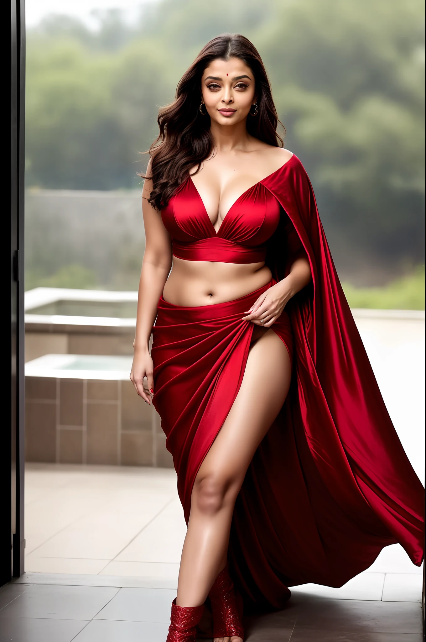 Aishwarya rai in red satin saree, body showing, bikini blouse, navel out, 90% breasts popping out, high boots, hourglass figure, big breasts, 90% massive cleavage show, nipple slip, fit, seductive face, look at a camera and laugh, wet ponytail hair, erotic adult face, 40 yo, soft volumetric lights, intricate details, (ArtStation:1.2)