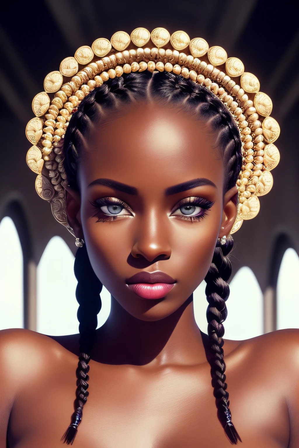 analog style, realistic, award-winning photo,(symmetric highly detailed eyes, fantastic eyes, intricate eyes:1.1), detailed background, full body, wi angle, 20 year old girl, African American, dark skin, slender, halo braid, large breasts, tiktok, beautiful, instagram