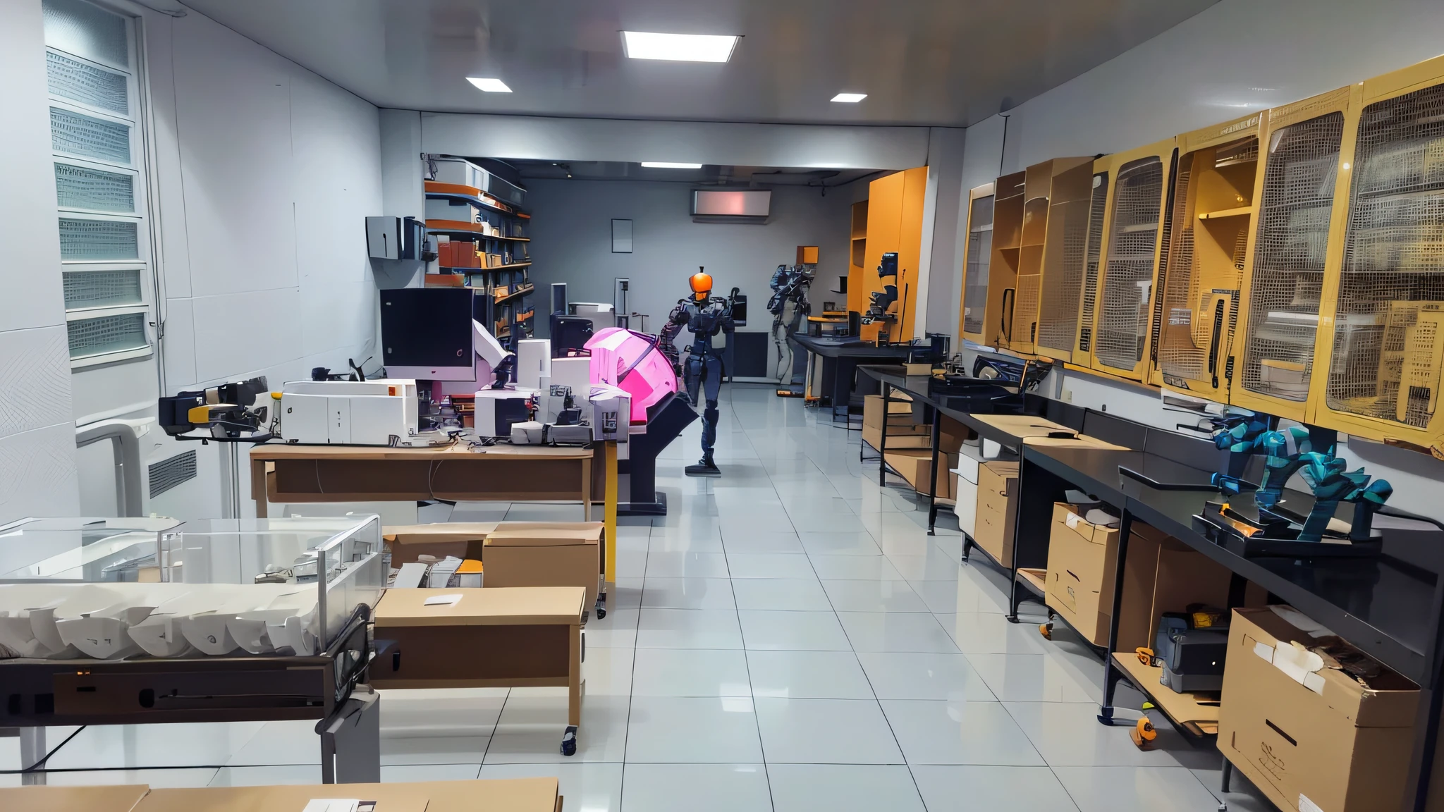 a group of architects in a large, bright room. They are surrounded by laboratory equipment, high-capacity computers, advanced mock-up equipment and tools, 3D printers, shelves of computer components, and various other technological devices. In the center of the room is a human-like robot, dressed in silver and orange. It has a metal body, but it also has flexible plastic arms and hands that are designed to look like skin. The robot is standing in a concentration pose, with its hands clasped together in front of its chest. photography, hyper realistic, intricate details, --AR 2:1 --auto --s2
