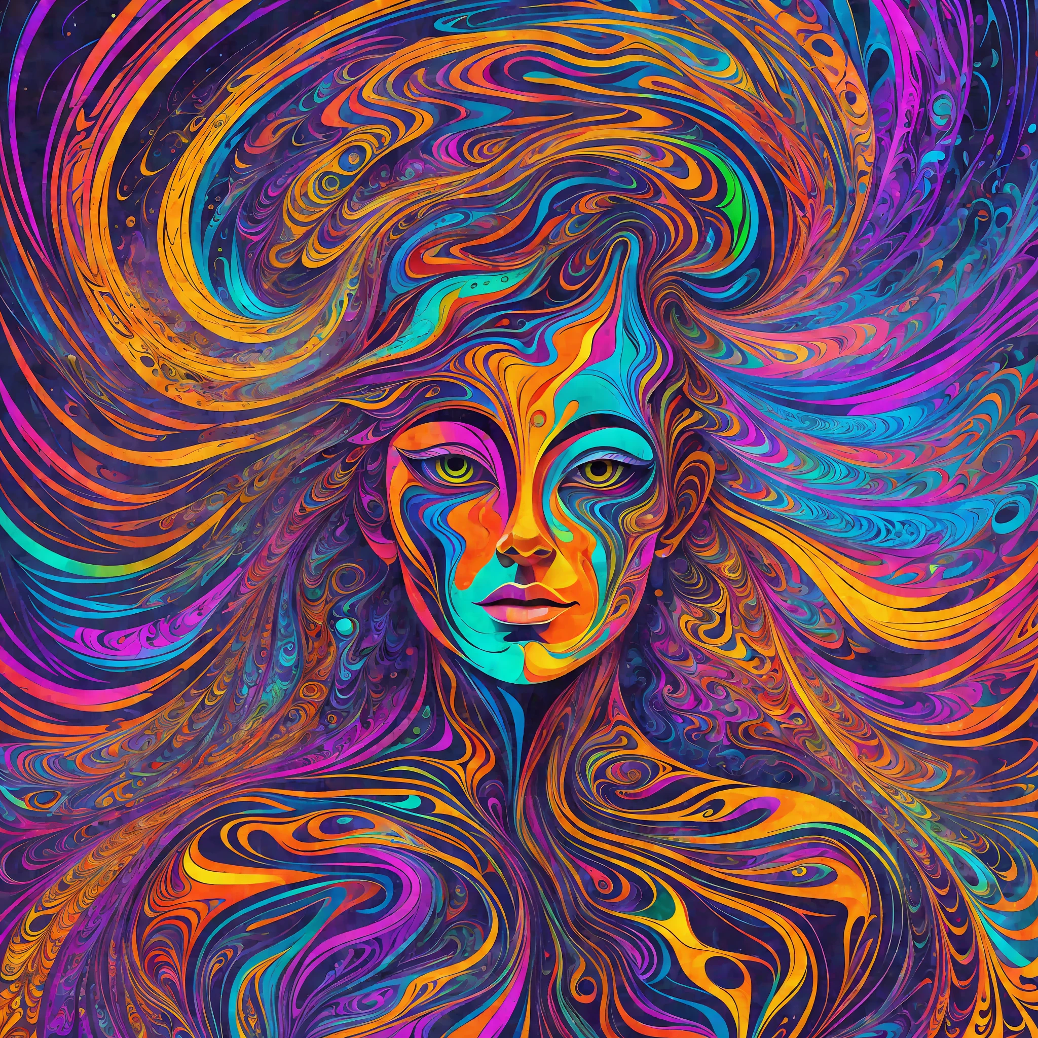 Psychedelic Illustration Vector Print: An abstract composition of fluid shapes and psychedelic colors, with a central visual element of an ever-changing human face. Transition and motion effects. Tags: [masterpiece], vector print, psychedelic illustration, fluid shapes, psychedelic colors, human face, transformation, transition effects, movement.
