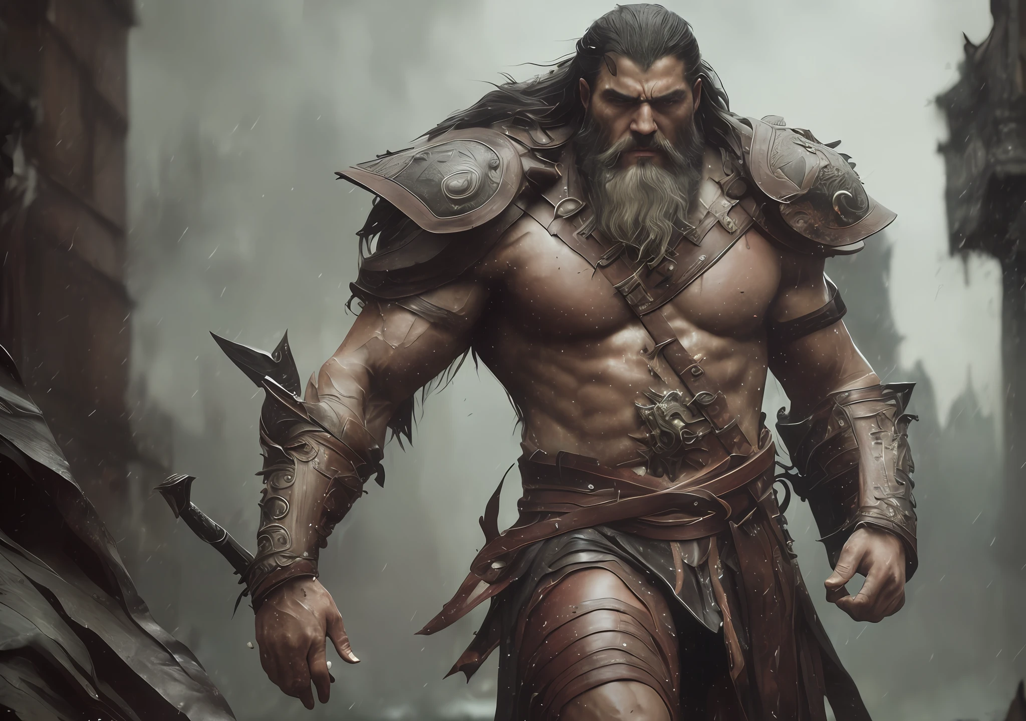 (Cinematic Photo:1.3) from (Ultra detailed:1.3) photo of the world's most beautiful artwork with soft glossy, (((heroic fantasy epic muscular full body rough wet man giant villain goliath, 4 feet tall, wounded angry look with long black hair and long beard and fierce look in a dynamic posture, holding a spear, Clothing from centuries before Christ)), chest, full face,(dark background:1.4) (realistic epic, HDR, intricate details, hyperdetailed, cinematic, rim light, muted: 1.5), ((fantastic location, majestic cluttered environment)), skin pores, very dark lighting, heavy shadows, detailed, detailed face, (realistic photo, dramatic, dark, sharp focus, 8k), (damaged damaged used old leather clothing:1.5), (intricate: 1.4), decadent, (highly detailed: 1.4), octane rendering, sharp focus, heavy rain, floating particles,(by artist Greg Rutkowski:1.3),Highly detailed,(Kinemacolor:1.3) --auto --s2