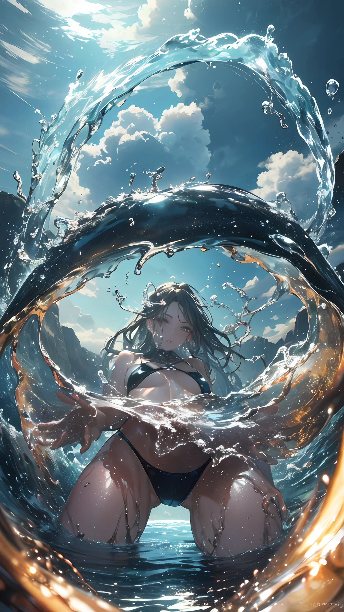 Top Quality, Masterpiece, Ultra High Resolution, (Photorealistic: 1.4), Raw Photo, 1 Girl, Dark Hair, Glossy Skin, WET BODY, Dramatic Lighting, Full Body, Micro Bikini, Big