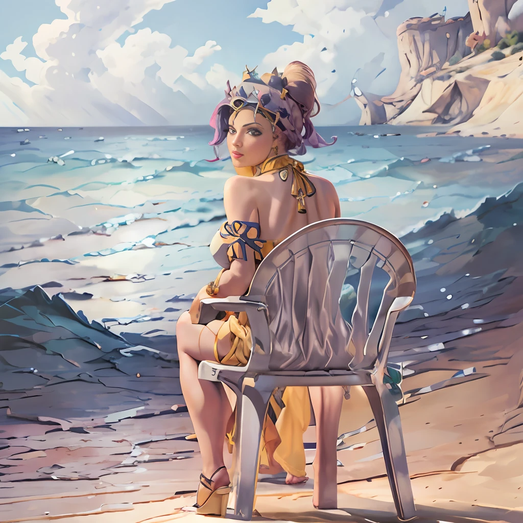 masterpiece, best quality, midler, earrings, necklace, headband, yellow scarf, star-shaped pastels, big breasts, yellow thong, sandals, sitting on plastic chair, back to back the viewer, sand, desert, sky, sun, sideways