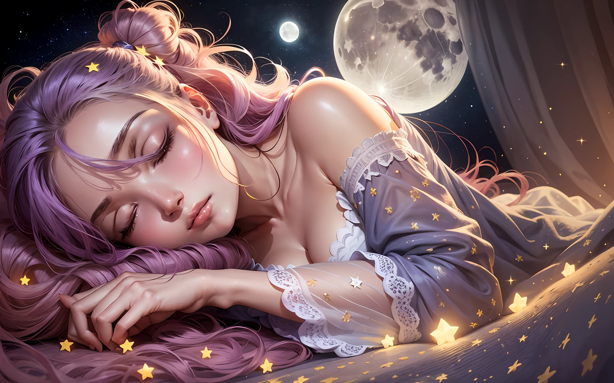 "Create a mental image of a woman (((very beautiful))) resting on her bed, surrounded by the soft glow of the moon and stars, plunged into a deep, peaceful sleep." --auto --s2