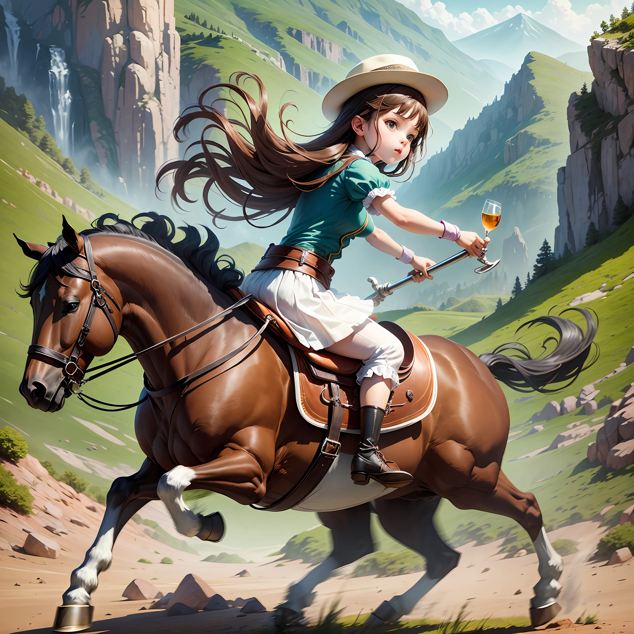 Cute little girl galloping on a glass horse on the side of the mountain
