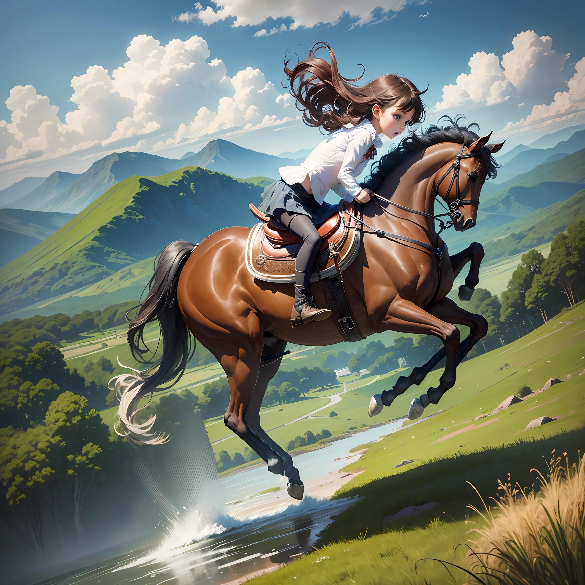 Cute little girl galloping on a glass horse on the side of the mountain