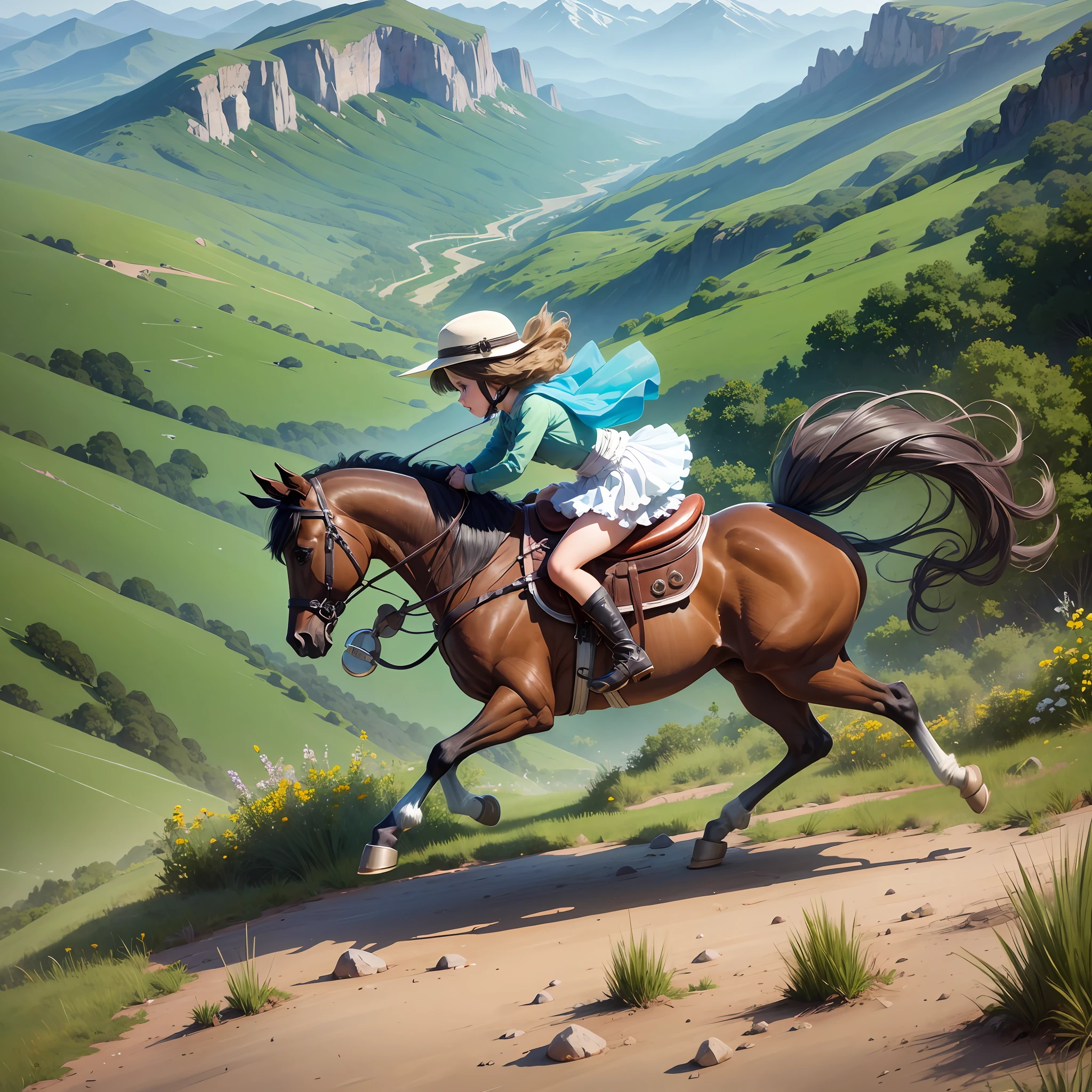 Cute girl galloping on a glass horse on the side of the mountain