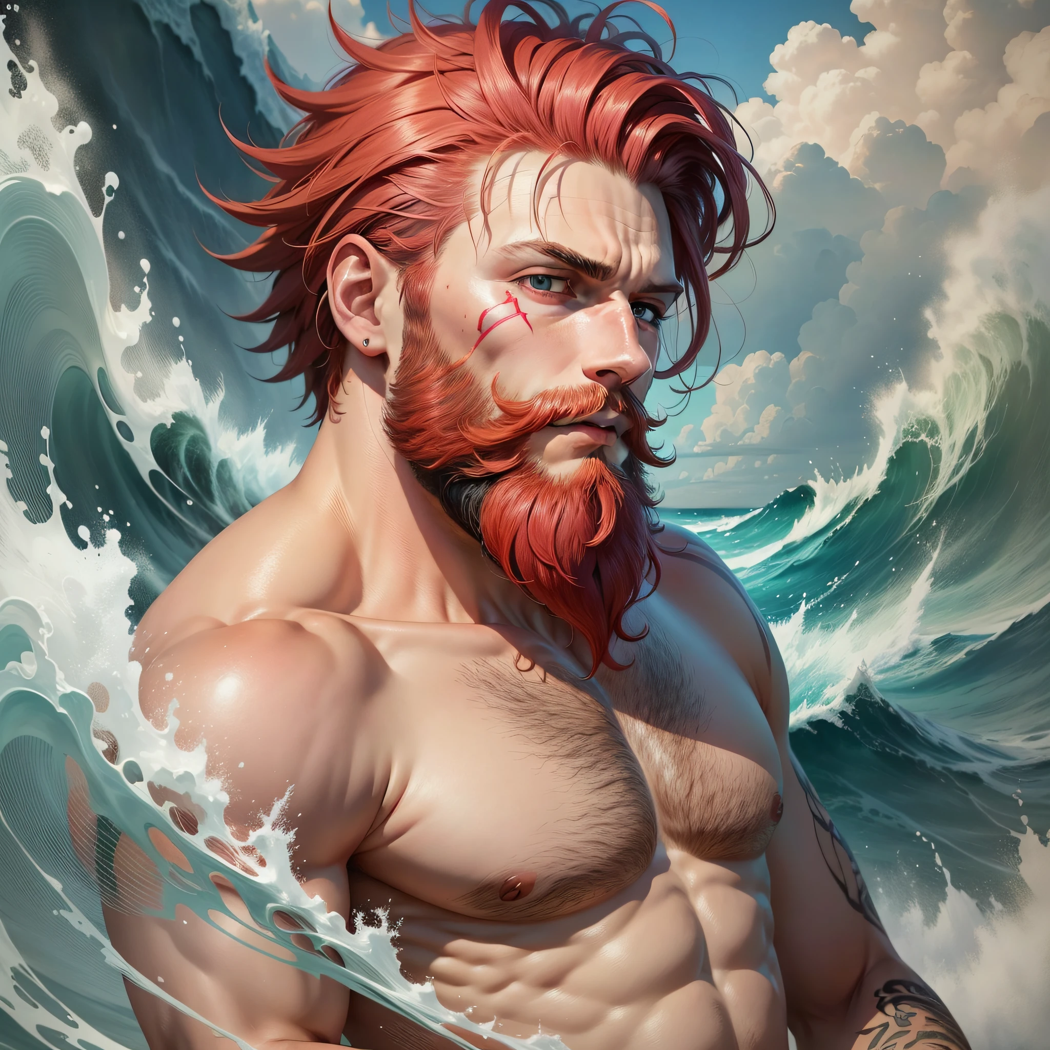 A man with pink degrade hair, his eyes are orange, his beard is very short, he has a very small red lozango tattoo on his cheek, the background has to do with the sea, realistic drawing style, accurate waves, profile picture