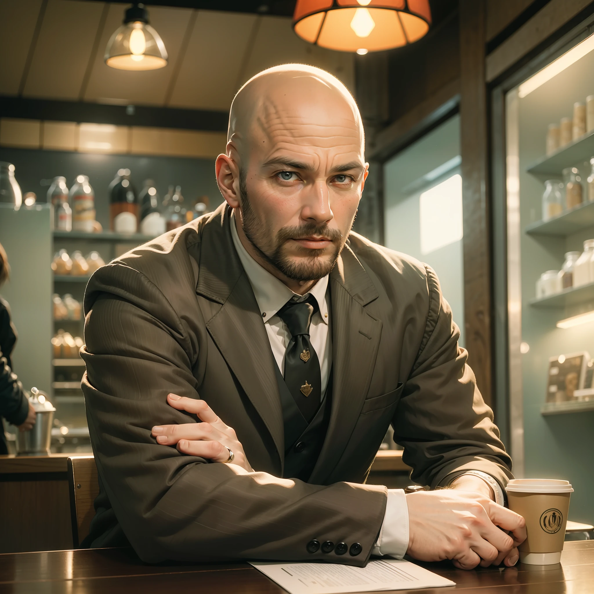 Hyper-realistic image from the 1970s of a bald man in his 30s sitting in a coffee shop in Russia. He wears an elegant outfit. with the man and the coffee shop in the background. The lighting is soft and natural, highlighting the watch's details.