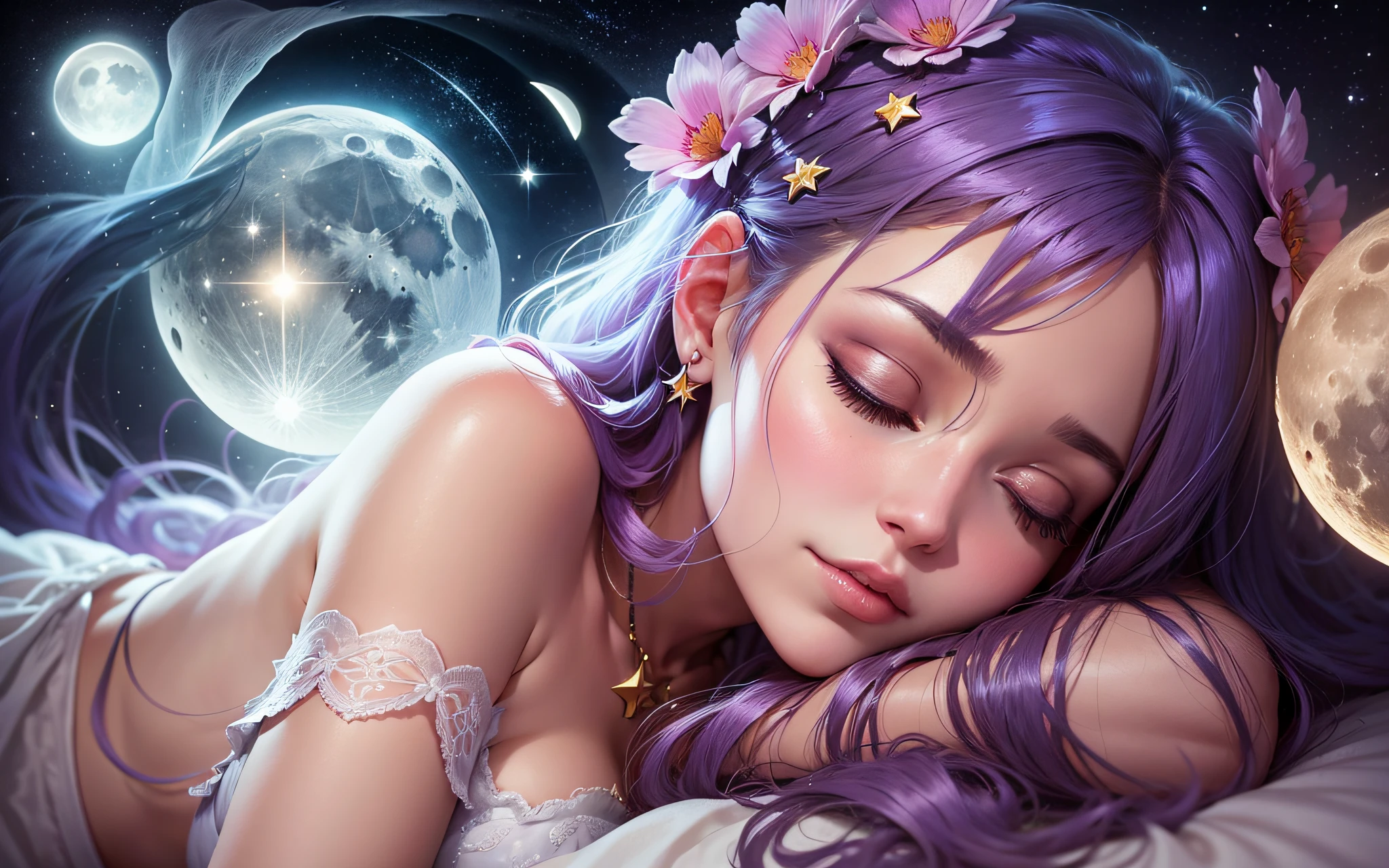 "Create a mental image of a woman (((very beautiful))) resting on her bed, surrounded by the soft glow of the moon and stars, plunged into a deep, peaceful sleep." --auto --s2