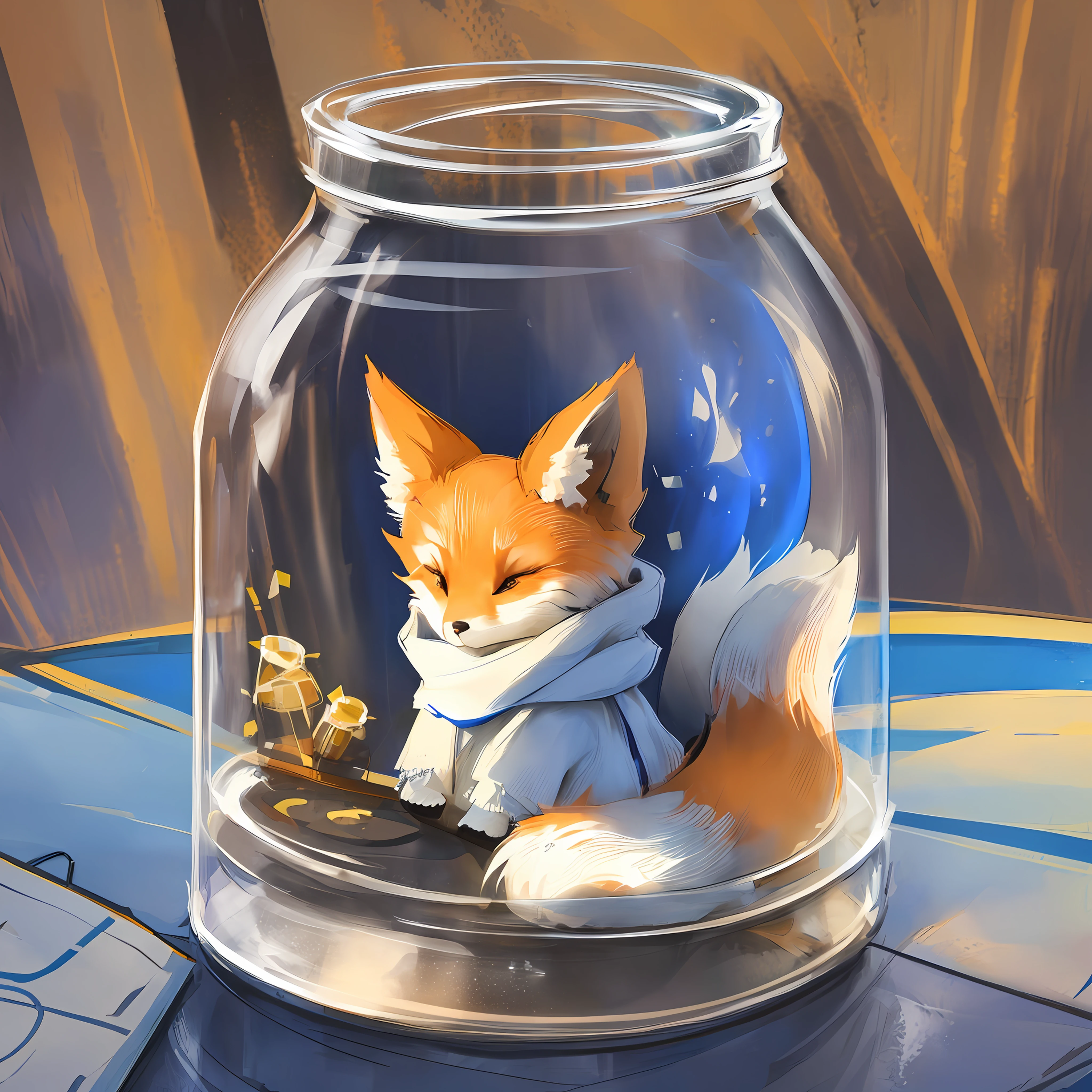 (enclosed scifi jar:1.1, Small adorable fox with a scarf:1.2)