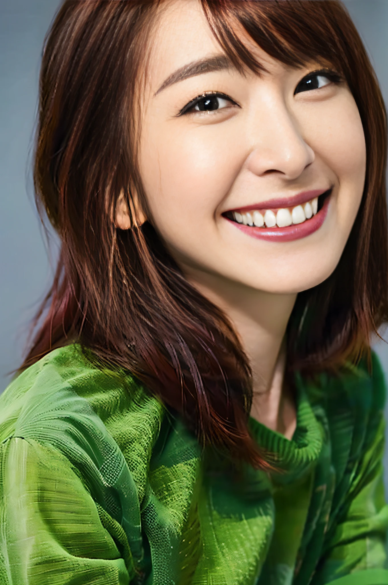 High resolution, top quality, a la fed woman with red hair and green shirt smiling at camera, close-up