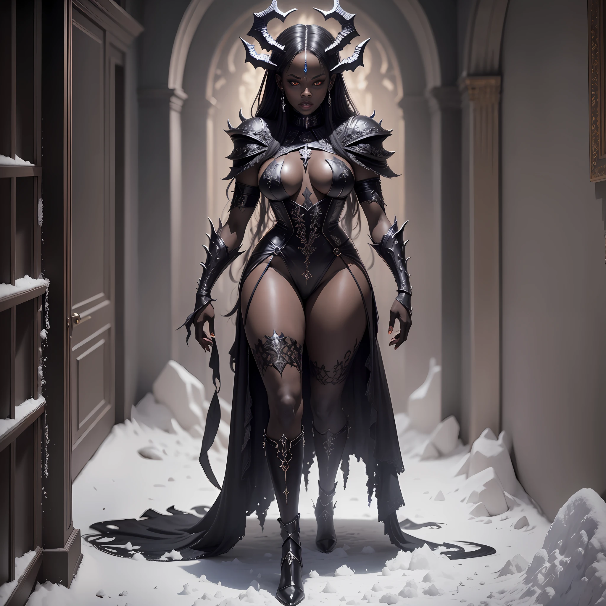 create a demon, full body character design, rudi giger, full body shot, yoruba, dark fantasy, hyperrealistic, snow sculpture, cinematic lighting, lucifer, afrocentric interior design, macabre outfit, ☦️, hell, devil, black woman, crone --auto --s2