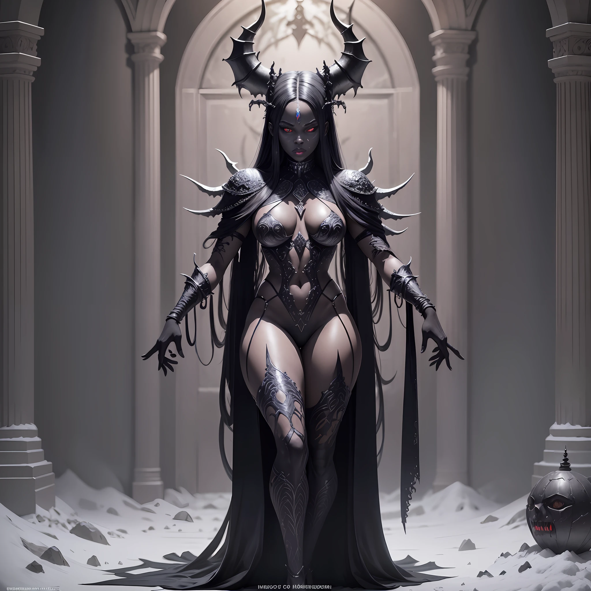 create a demon, full body character design, rudi giger, full body shot, yoruba, dark fantasy, hyperrealistic, snow sculpture, cinematic lighting, lucifer, afrocentric interior design, macabre outfit, ☦️, hell, devil, black woman, crone --auto --s2