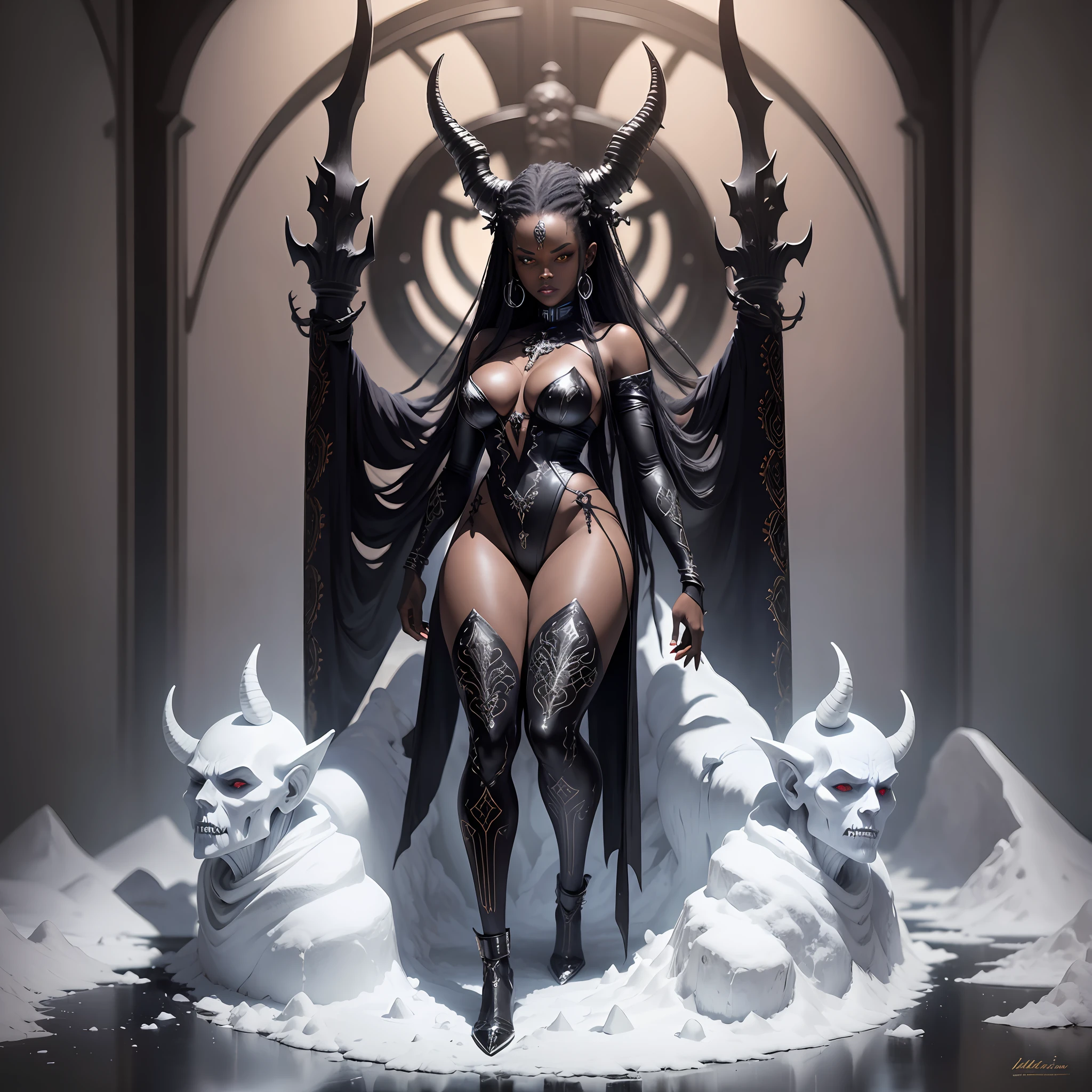 create a demon, full body character design, rudi giger, full body shot, yoruba, dark fantasy, hyperrealistic, snow sculpture, cinematic lighting, lucifer, afrocentric interior design, macabre outfit, ☦️, hell, devil, black woman, crone --auto --s2