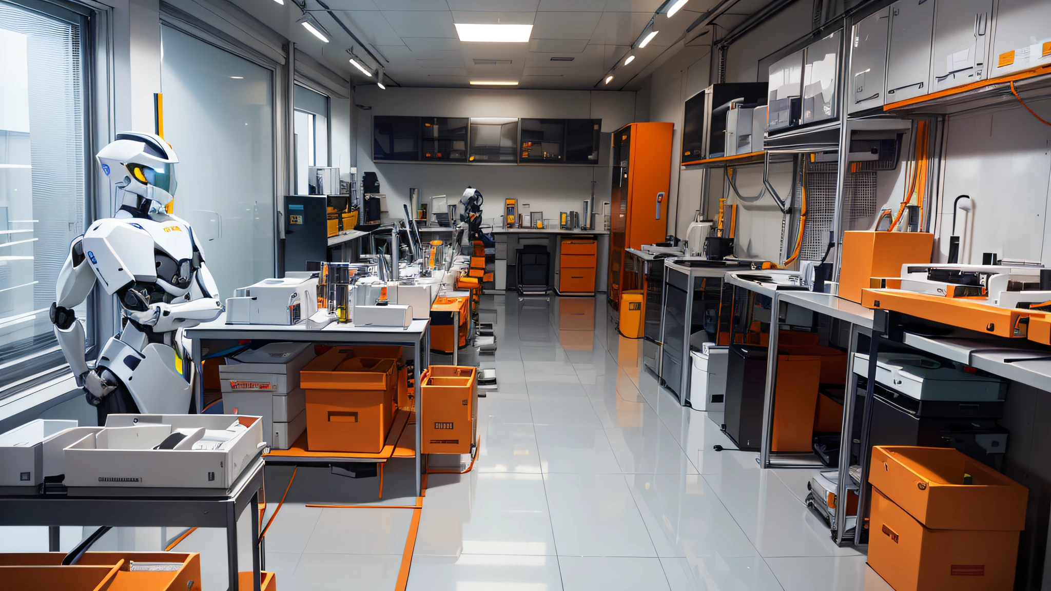 a group of architects in a large, bright room. They are surrounded by laboratory equipment, high-capacity computers, advanced mock-up equipment and tools, 3D printers, shelves of computer components, and various other technological devices. In the center of the room is a human-like robot, dressed in silver and orange. It has a metal body, but it also has flexible plastic arms and hands that are designed to look like skin. The robot is standing in a concentration pose, with its hands clasped together in front of its chest. photography, hyper realistic, intricate details, --AR 2:1 --auto --s2