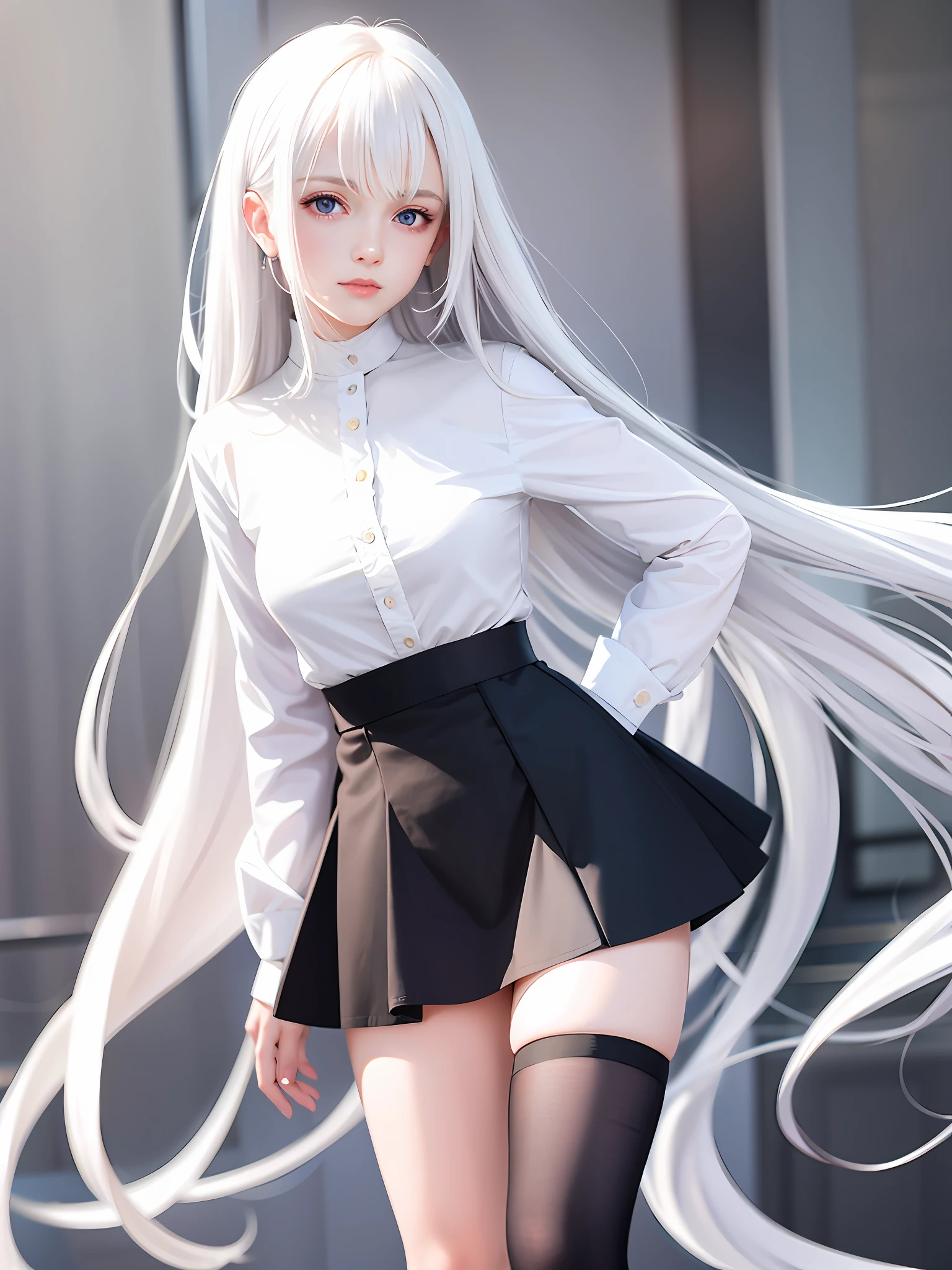 Long hair, blue eyes, one hand on the hip, white hair, white shirt, black skirt, long legs, defined hips, medium breasts, thin waist, censual, ruffled clothing,