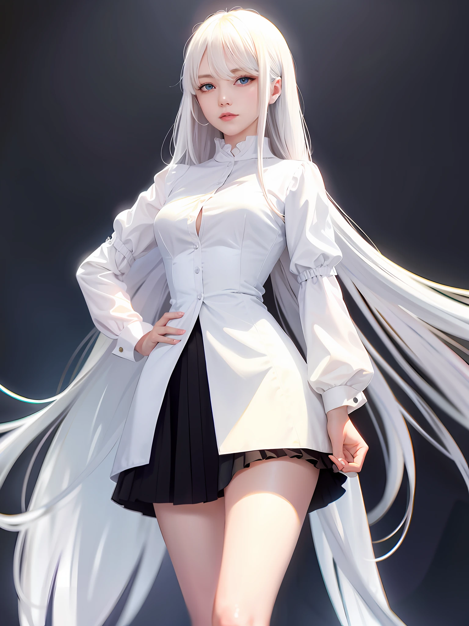 Long hair, blue eyes, one hand on the hip, white hair, white shirt, black skirt, long legs, defined hips, medium breasts, thin waist, censual, ruffled clothing,