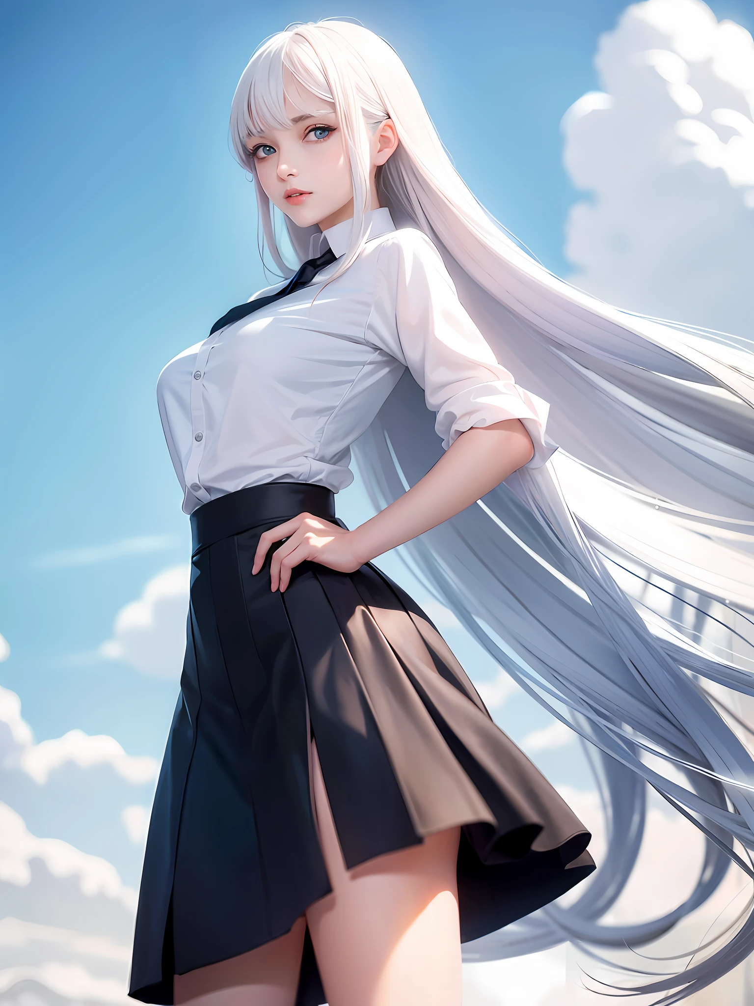 Long hair, blue eyes, one hand on the hip, white hair, white shirt, black skirt, long legs, defined ????, ??????????????, thin waist, censual, ruffled clothing,