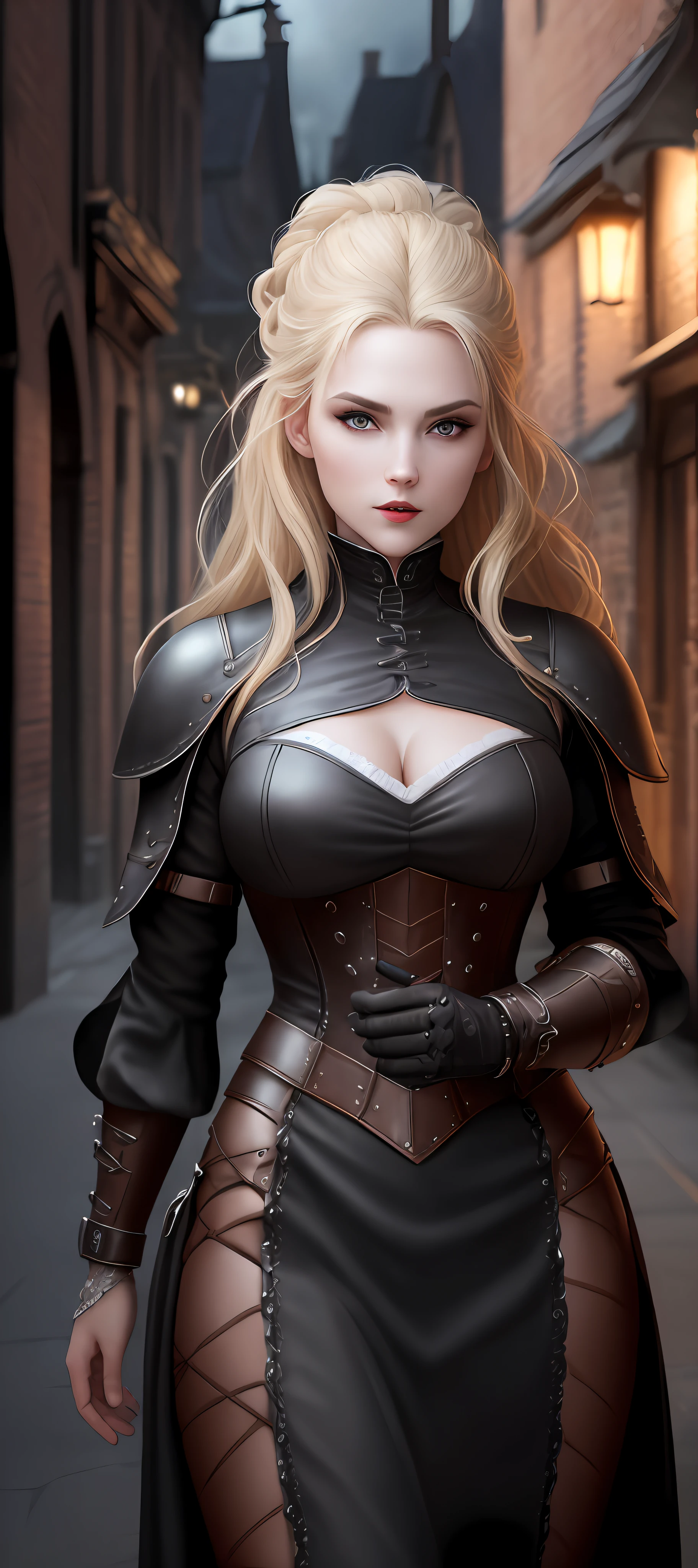 "Complete art masterpiece, high quality, ultra detailed in 4k, 8k, high resolution, hyper-realistic photo, hyper-detailed, realistic skin texture, amazing shadows, extremely detailed texture, perfect lighting, high-level image quality." A female vampirehunter, Fair skin, blond hair, eyes outlined, face outlined, bracelet, Full body, Nice leather clothes, victorian city on back, night, dark, blood on clothes