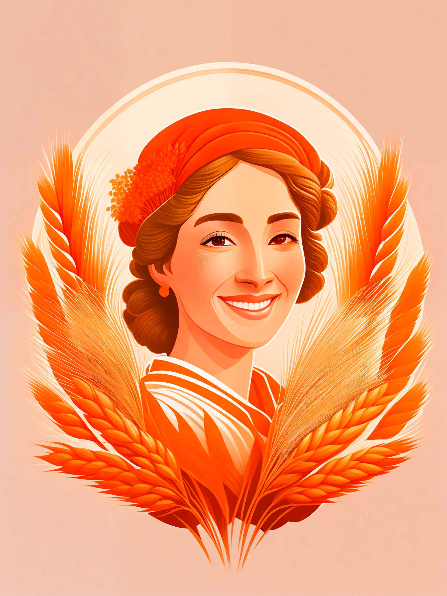 face of a smiling peasant woman, wheat bouquet, vectorized, orange red, white background, logo style