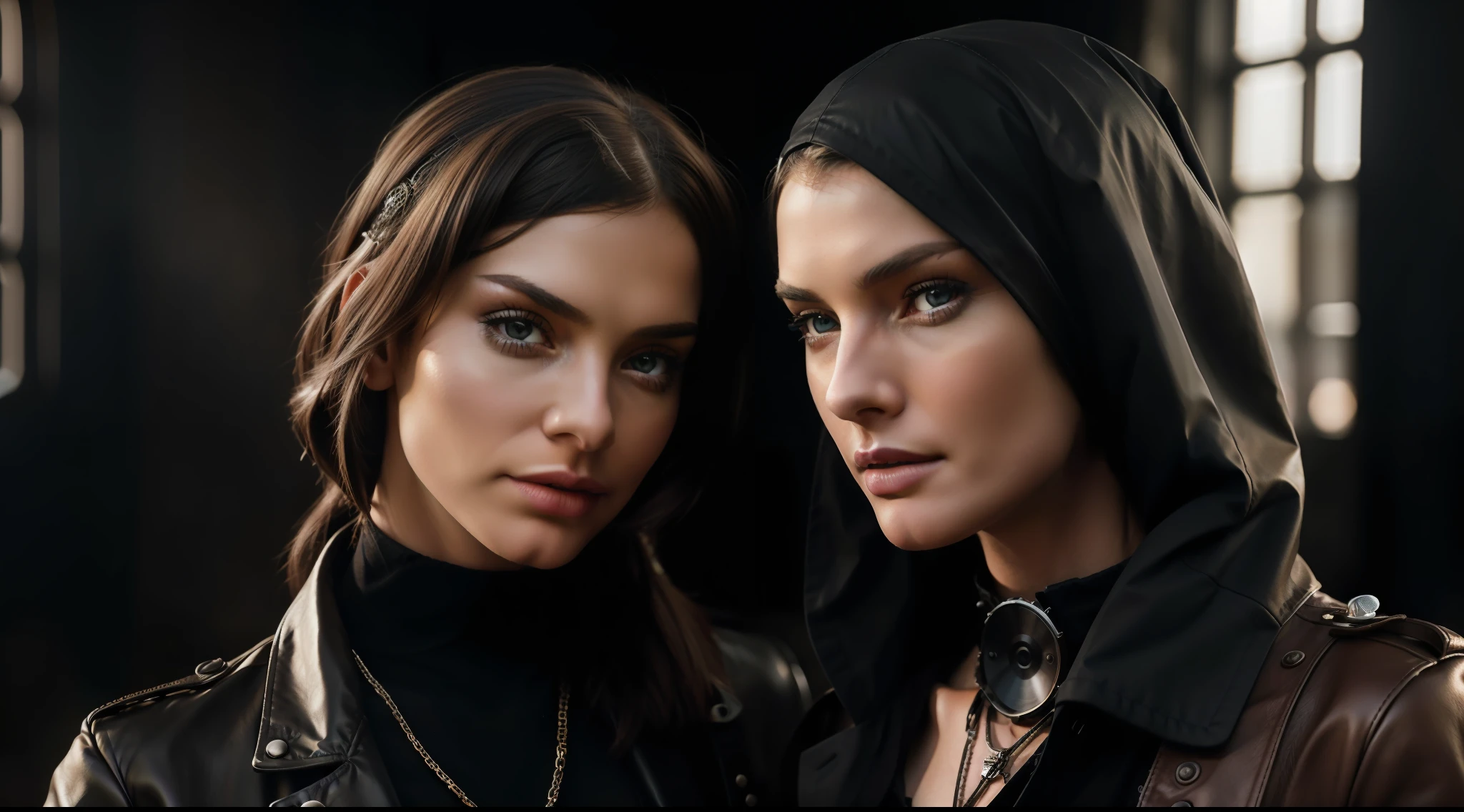 two women, one blonde, one brunette, with dieselpunk clothes, modelshoot style, (extremely detailed CG 8k wallpaper unit), photo of the most beautiful art in the world, professional majestic (photography by Steve McCurry), 8k uhd, dslr, soft lighting, high quality, film grain, Fujifilm XT3 sharp focus, f 5.6, high detail, sharp focus, dramatic, (wearing diselpunk clothing), (looking at the viewer:1.2), (natural light), (seductive)