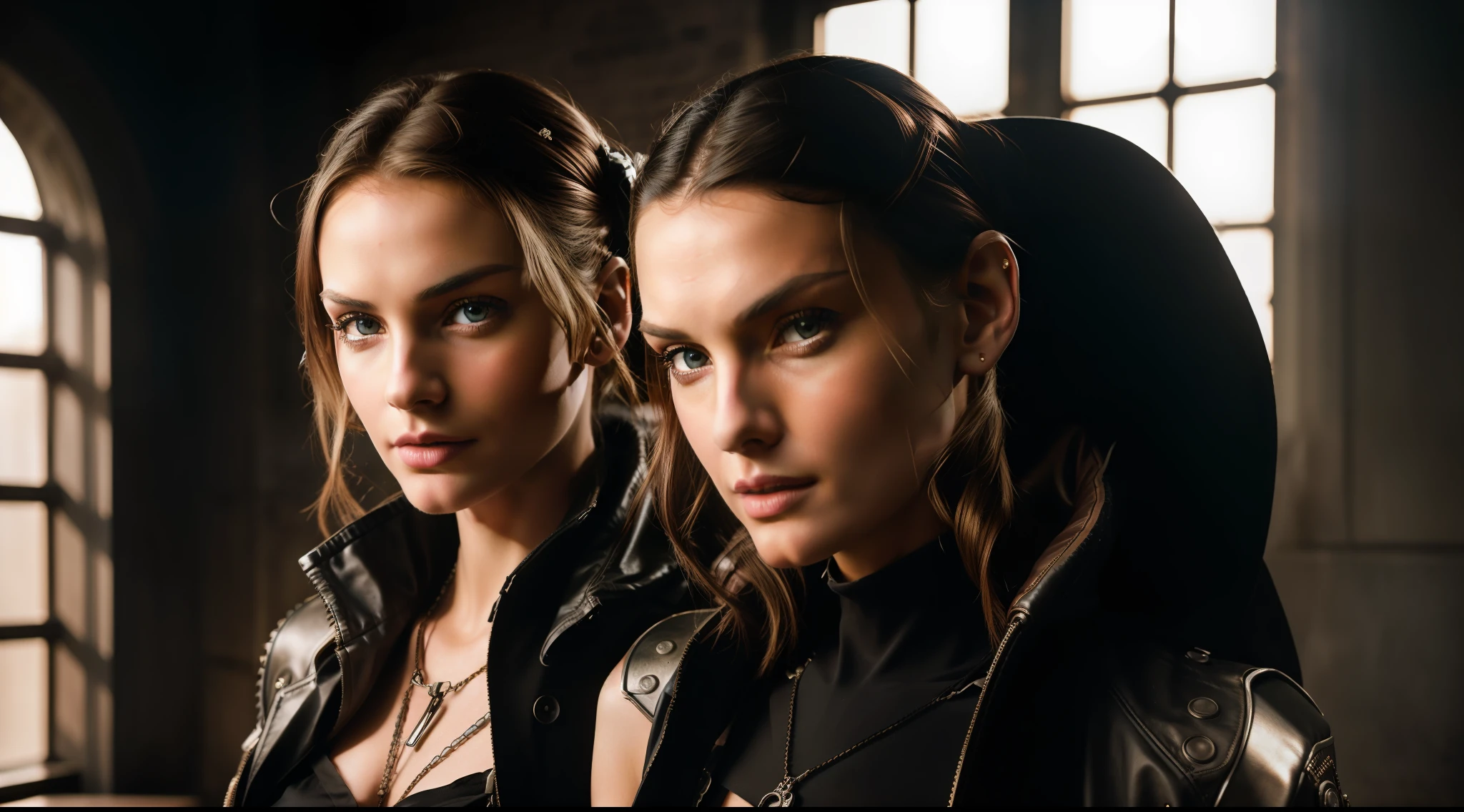two women, one blonde, one brunette, with dieselpunk clothes, modelshoot style, (extremely detailed CG 8k wallpaper unit), photo of the most beautiful art in the world, professional majestic (photography by Steve McCurry), 8k uhd, dslr, soft lighting, high quality, film grain, Fujifilm XT3 sharp focus, f 5.6, high detail, sharp focus, dramatic, (wearing diselpunk clothing), (looking at the viewer:1.2), (natural light), (seductive)