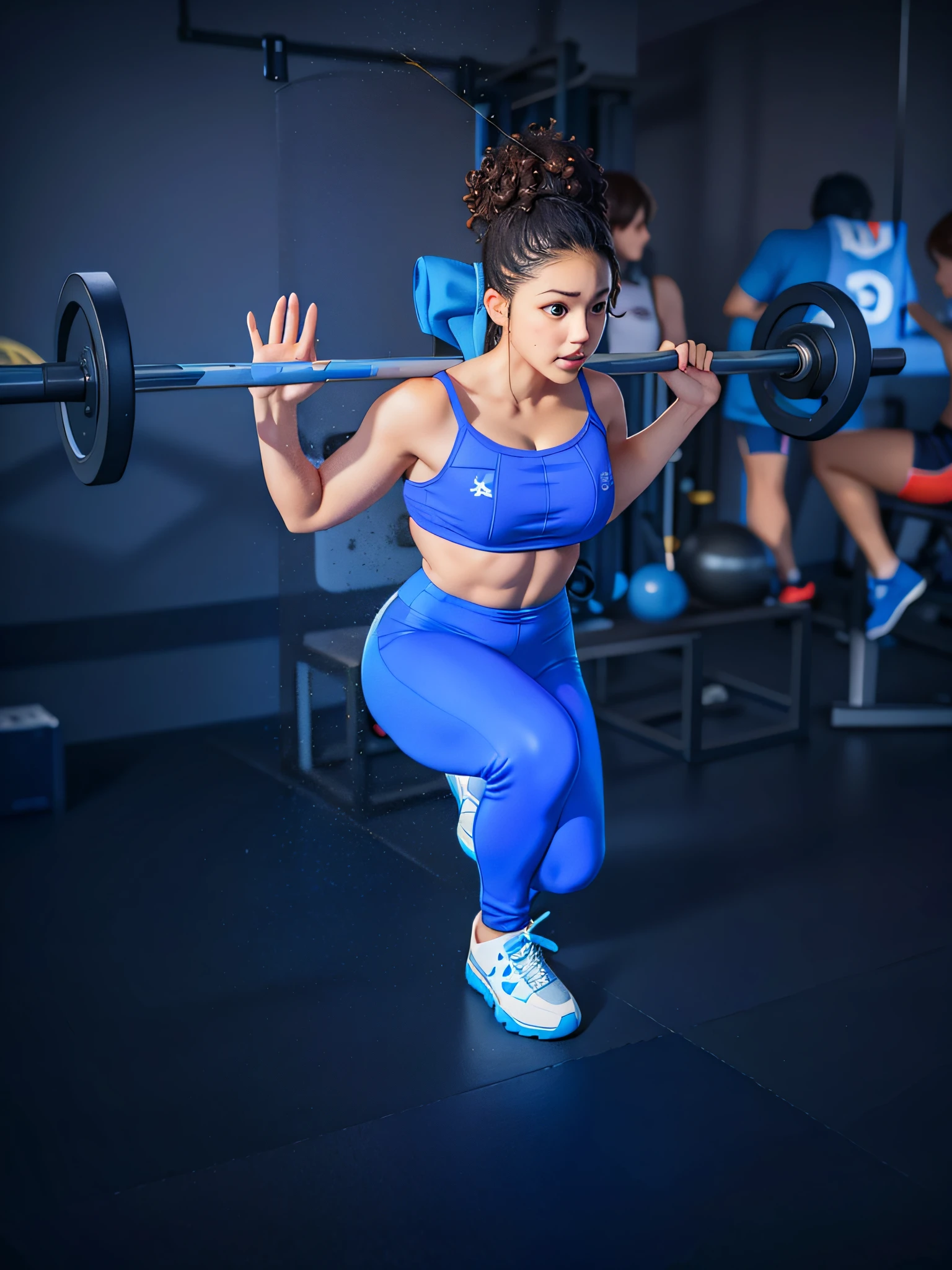 There's a black woman with curly hair in a blue top and blue pants doing a squat, curvy physique, curvy crossfit build, strong legs, working out, body is strong and erect, fit woman, athletic crossfit build, thrusters, weightlifting, karla ortiz, shooting in canon eos r 5, shooting in canon eos r5, fit girl,  fit physique, squat