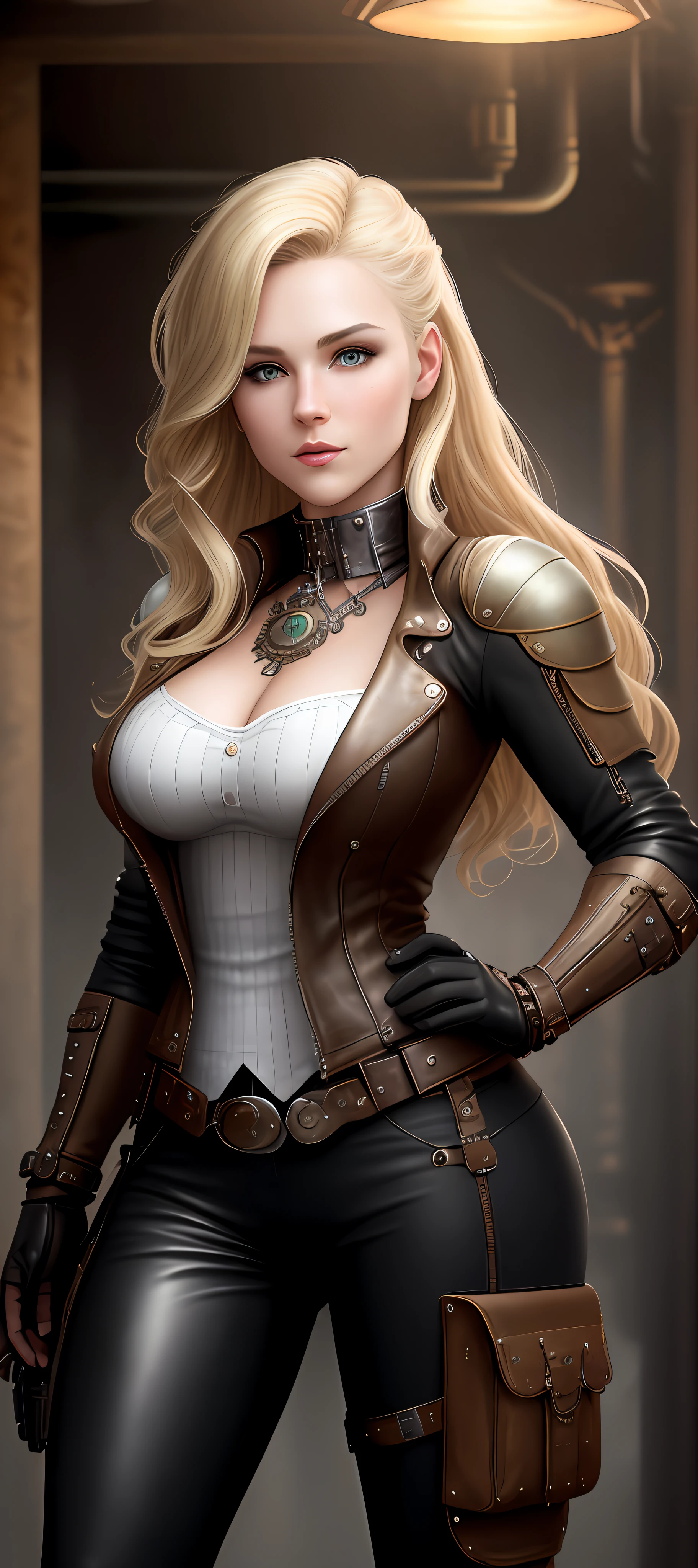 "Complete art masterpiece, high quality, ultra detailed in 4k, 8k, high resolution, hyper-realistic photo, hyper-detailed, realistic skin texture, amazing shadows, extremely detailed texture, perfect lighting, high-level image quality." A woman protagonist of a steam punk game, Fair skin, blond hair, outlined eyes, outlined face, bracelet, Full body, Nice leather clothes, steam punk dirty city on back, steamy motorcycle