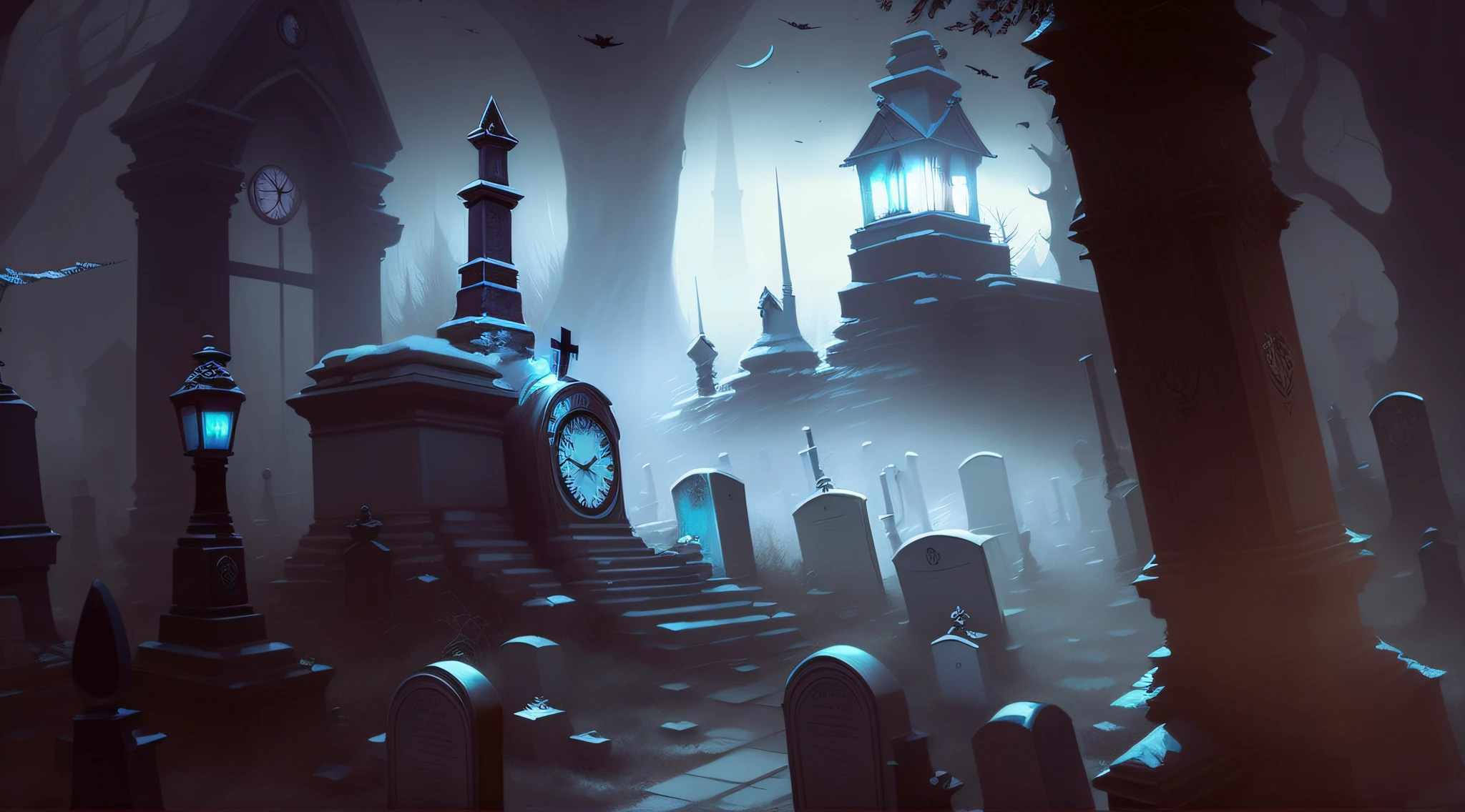 there is a cemetery with a clock tower in the background, eerie nostalgic concept art, by Ludwik Konarzewski Jr, bussiere rutkowski andreas rocha, by Ludwik Konarzewski, by Tomasz Jedruszek, fantasy horror art, background artwork, horror fantasy art, by Adam Szentpétery, eerie and atmospheric
