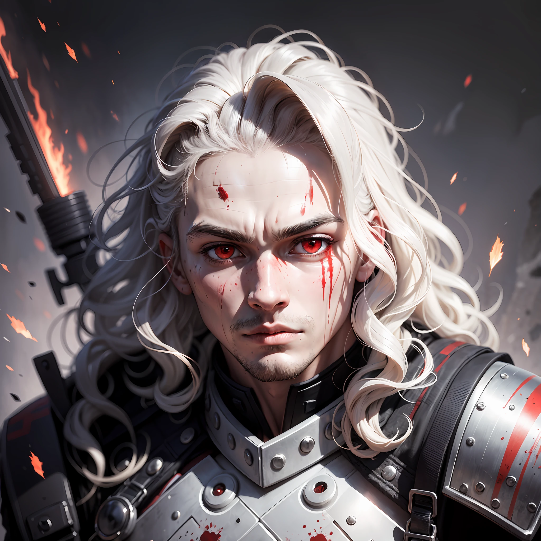 1 man, Soldier, brave, frizzy hair, red eyes, terror, death, dark, blood on nose, focus on face, ultra realistic, ultra-detailed, side white light, masterpiece, 16k, --auto --s2