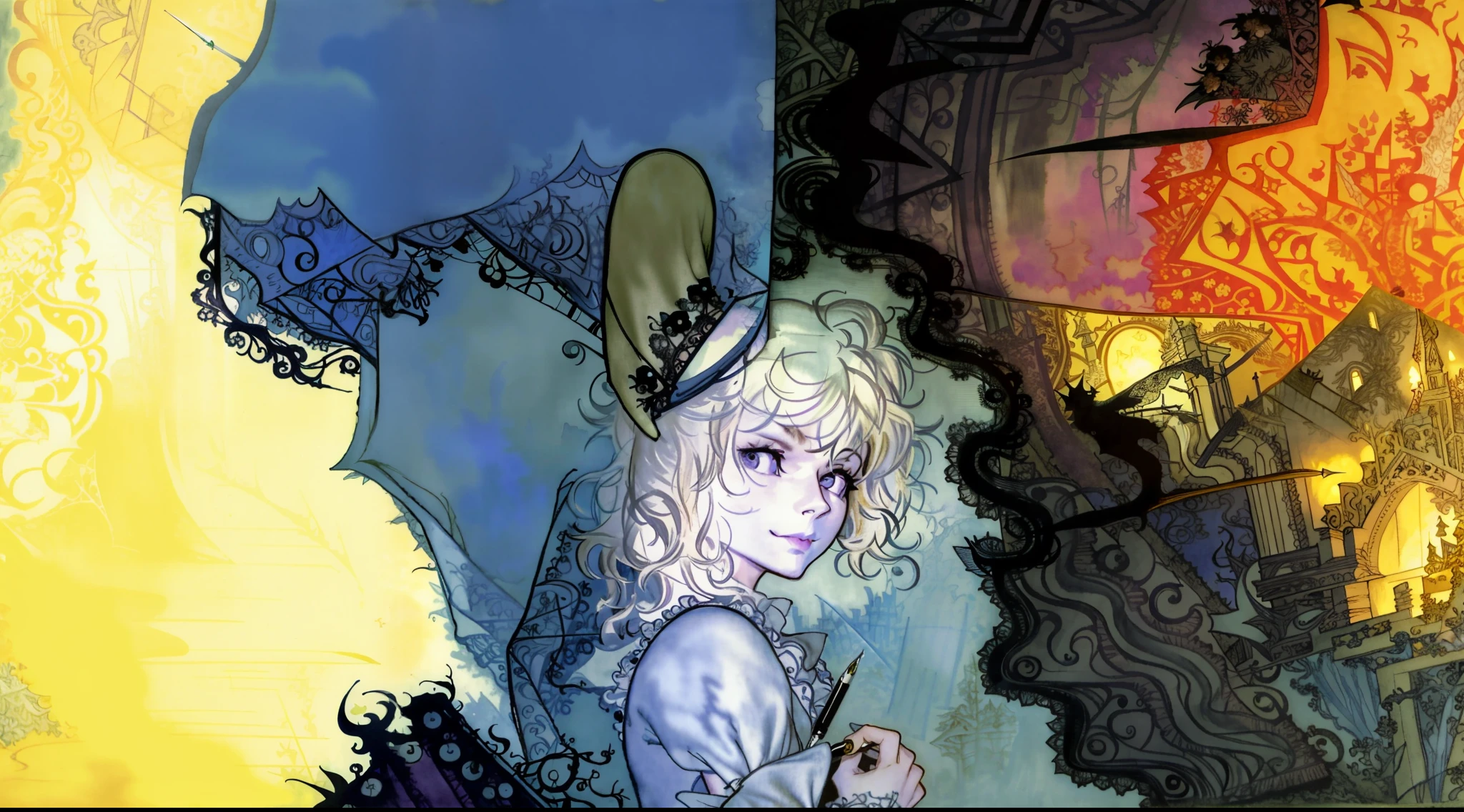 masterpiece, high quality, (pen (medium):1.6), comic art, cover, high detail, intricate, medieval fantasy, 1girl, upper body, artistic, pictorial, cream skin, beautiful face, smug, wide ????, cute upturned nose, round eyes, purple eyes, dark eyeshadow, dark lipstick, (long curly brown hair), (twintails: 1.3), (short bangs), neckline, witch, white lace silk dress,  (swollen sleeves), (nocturnal), (low hanging fog: 1.2), (graveyard:1.21), [dark forest], tombstones, illustration, character art, [fuzzy lighting:1.2], (by Arthur Rackham:1.7), (by Naoko Takeuchi:1.21), (by Hiromu Arakawa:1.23), floating above the ground,