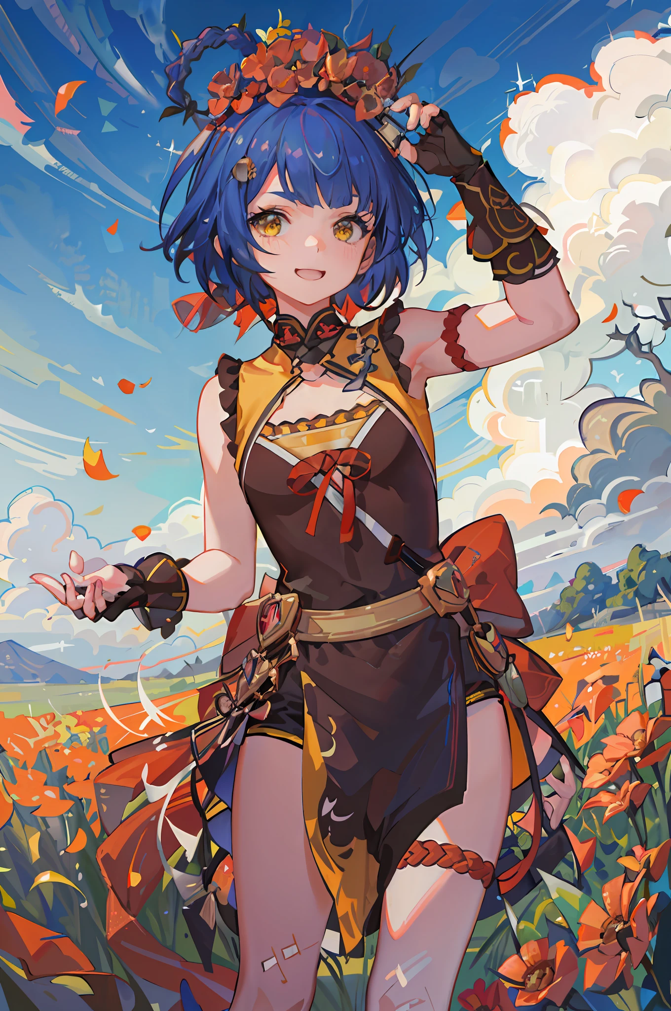 absurdres, highres, ultra detailed, 1girl, solo, extremely detailed eyes, (official art, beautiful and aesthetic:1.2), (1girl), extreme detailed,colorful,highest detailed, short blue hair with 2 braids on top of the head, yellow chinese clothes, in a field of poppy flowers, poppies, sunny day blue sky and white clouds, lots of red flowers, flower crown on her head, lots of flowers in her hands