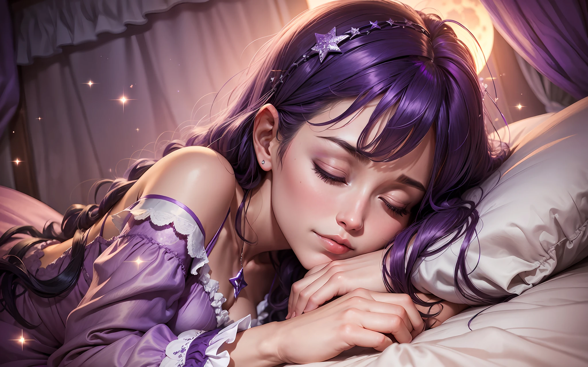 "Visualize a scene of a woman asleep in her bed, beautiful purple nightgown, with her eyes closed as the glow of the moon and stars gently illuminates her room." --auto --s2