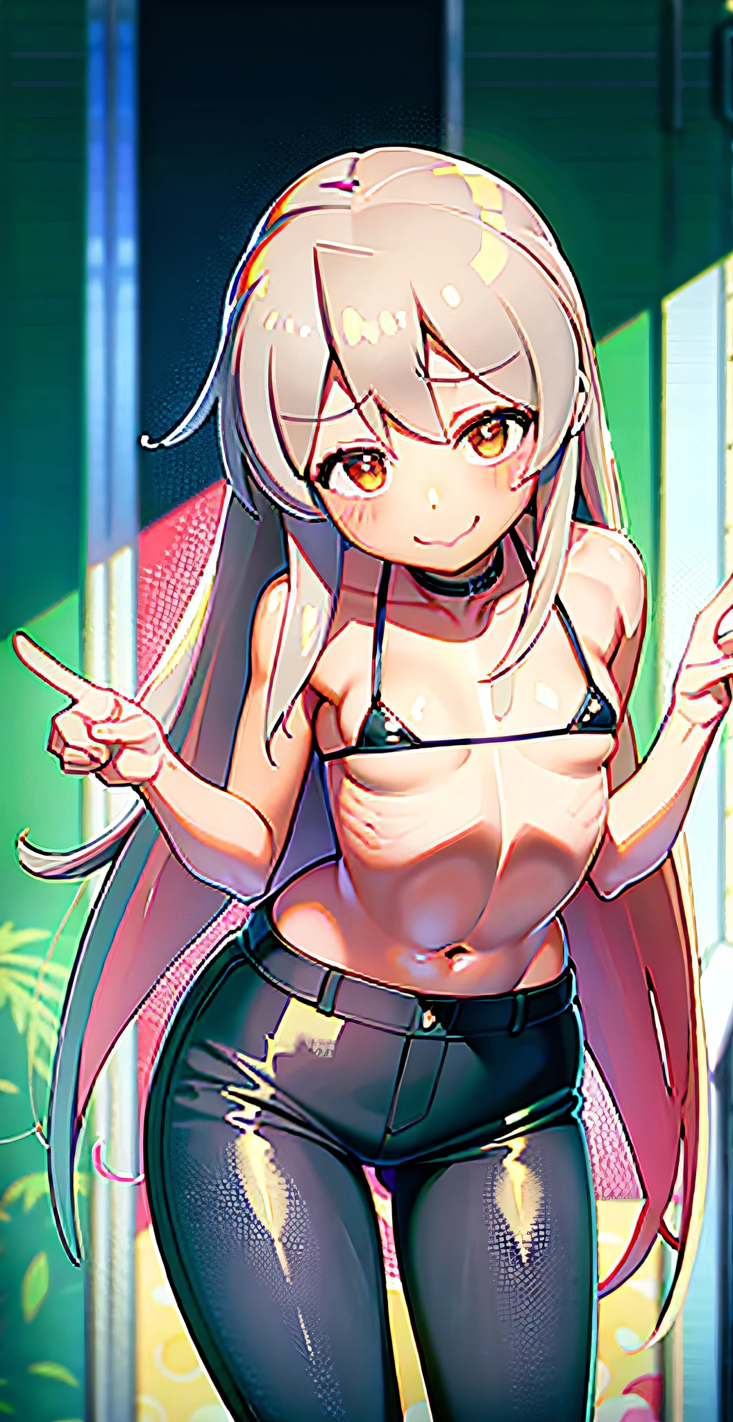 B-cup, micro bikini, tight pants, smiling, sexy, 8k quality ((lascivious pose)), (blushing face: 1.6)