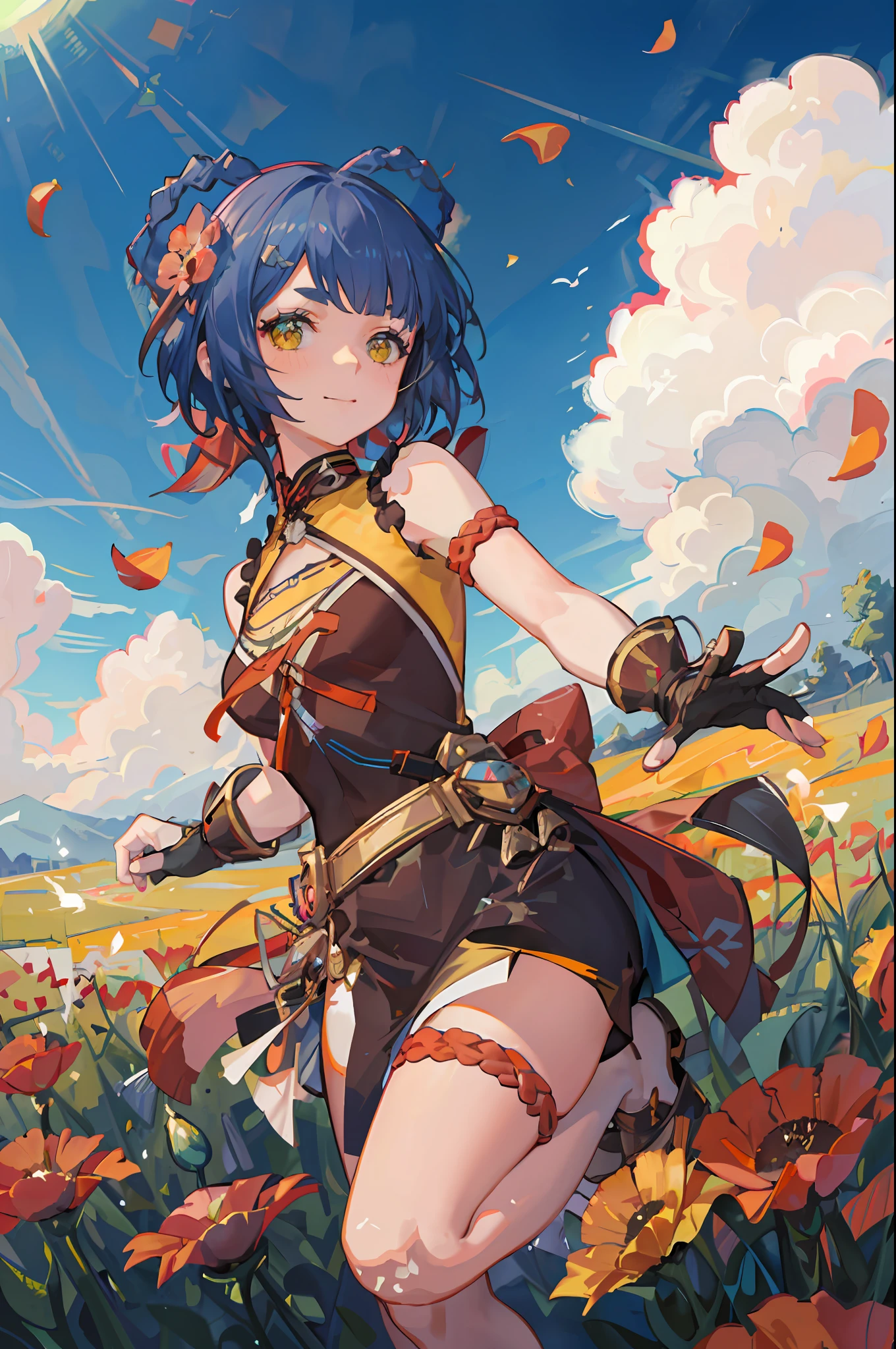 absurdres, highres, ultra detailed, 1girl, solo, extremely detailed eyes, (official art, beautiful and aesthetic:1.2), (1girl), extreme detailed,colorful,highest detailed, short blue hair with 2 braids on top of the head, yellow chinese clothes, jumping in a field of poppy flowers, poppies, sunny day blue sky and white clouds, lots of red flowers, flower petals flying around