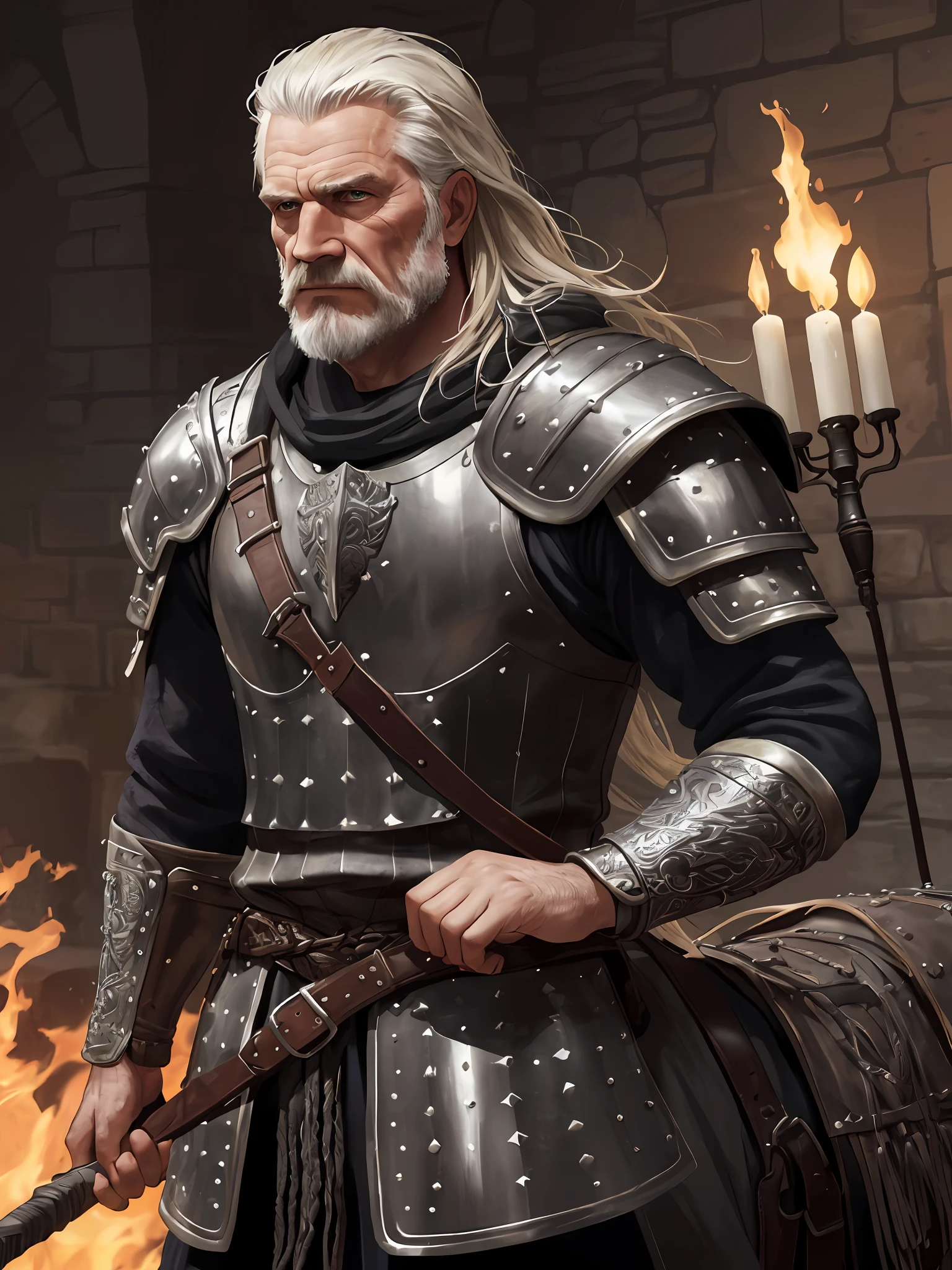 (High quality: 1.3), cinematic shot, masterpiece, (sharp focus: 1.5), (photorealistic: 1.3), medium portrait of (a tired-looking old Viking warrior, but still proud and fierce, now the leader of his village, dressed in elaborately detailed chain mail and leather armor, mounted on his white horse with medieval armor, some torches burn on the walls,  giving the scene a somber atmosphere, but sculpting the shapes in crisp chiaroscuro), it's night, (highly detailed skin), (detailed face), detailed background, dark lighting, twilight lighting, volumetric lighting, complex details, UHD,