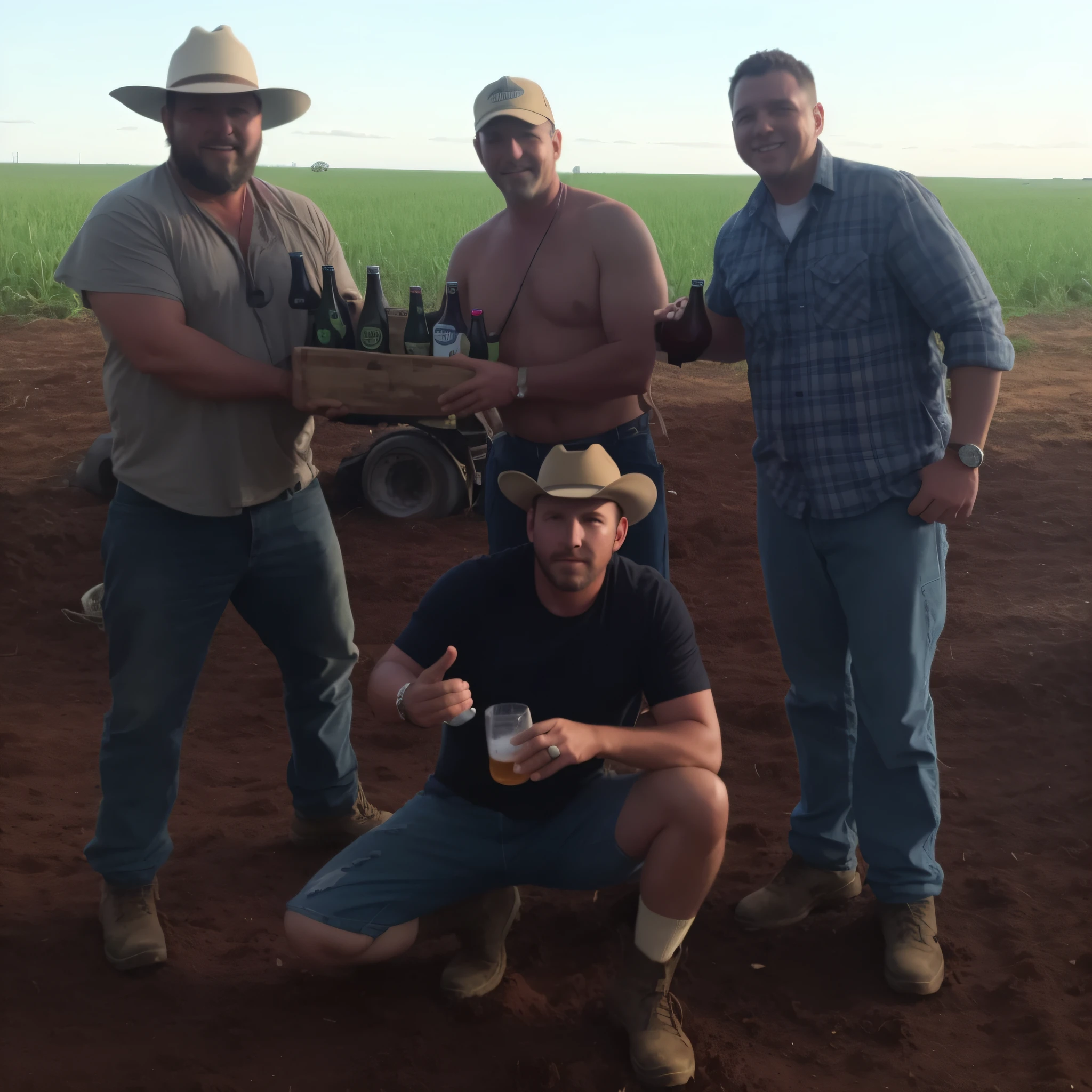 three men are standing in a field with a beer, group photo, holding beer bottles, working out in the field, in the australian outback, avatar image, cowboy shot, at an archaeological dig site, photo from the dig site, on a farm, by Daniel Lieske, not cropped, tyler west, poster shot, historical setting, meats on the ground