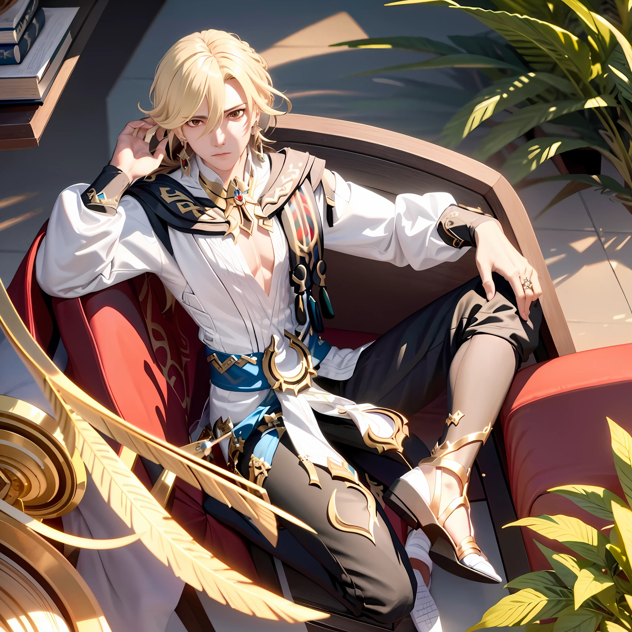 Masterpiece, Best Quality, Kaveh (Original God), 1Boy, Male Focus, Solo, Blonde Hair, Looking at the Viewer, Book, Hair Accessories, Jewelry, Long Hair, Holding, Red Eyes, Earrings, Feather Hair Accessories, (KBXLL: 0.6), sitting on the couch