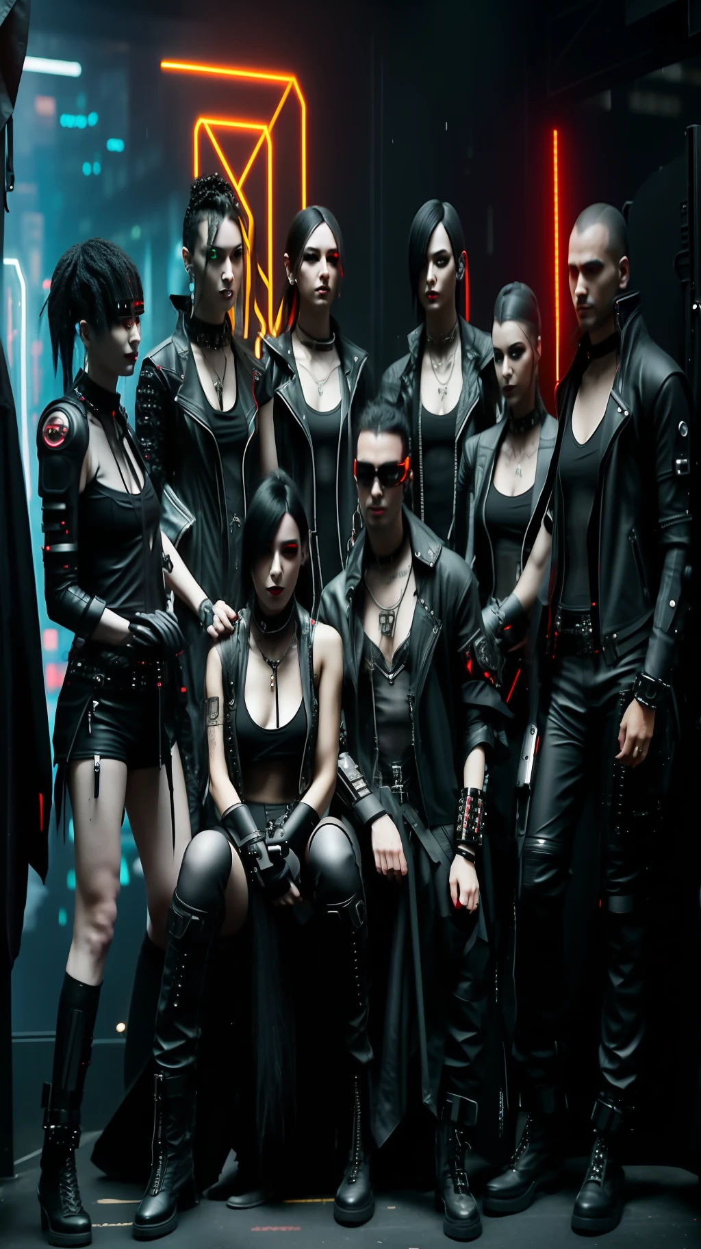 there are a group of people dressed in leathers posing for a picture, all black cyberpunk clothes, cyberpunk fashion clothing, cyberpunk techwear, in cyberpunk style, cyberpunk outfits, cyberpunk photo, gothic - cyberpunk, cyberpunk high fashion, cyberpunk horror style, cyberpunk fashion, cyberpunk fashion clothes, in cyber punk 2077, cyberpunk look, chthonic