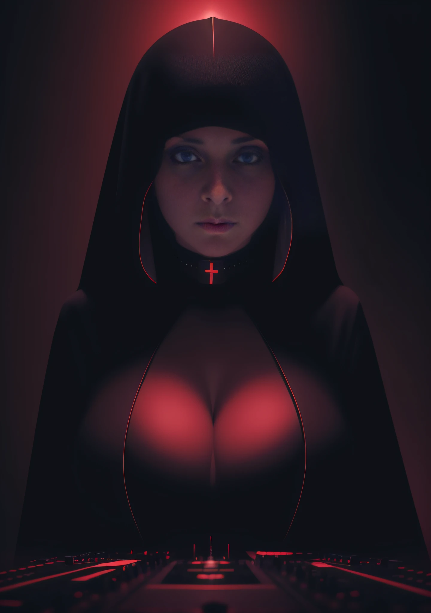 woman dj nun, dark, horror, red tones, gothic church in the background, ultra realistic, horror movie lighting, scary, chaos, neon lights in the background, realistic, dark, huge breast, Fujifilm Fujichrome Provia 100F movie, flashlight, ultra realistic, 8K UHD. --auto --s2