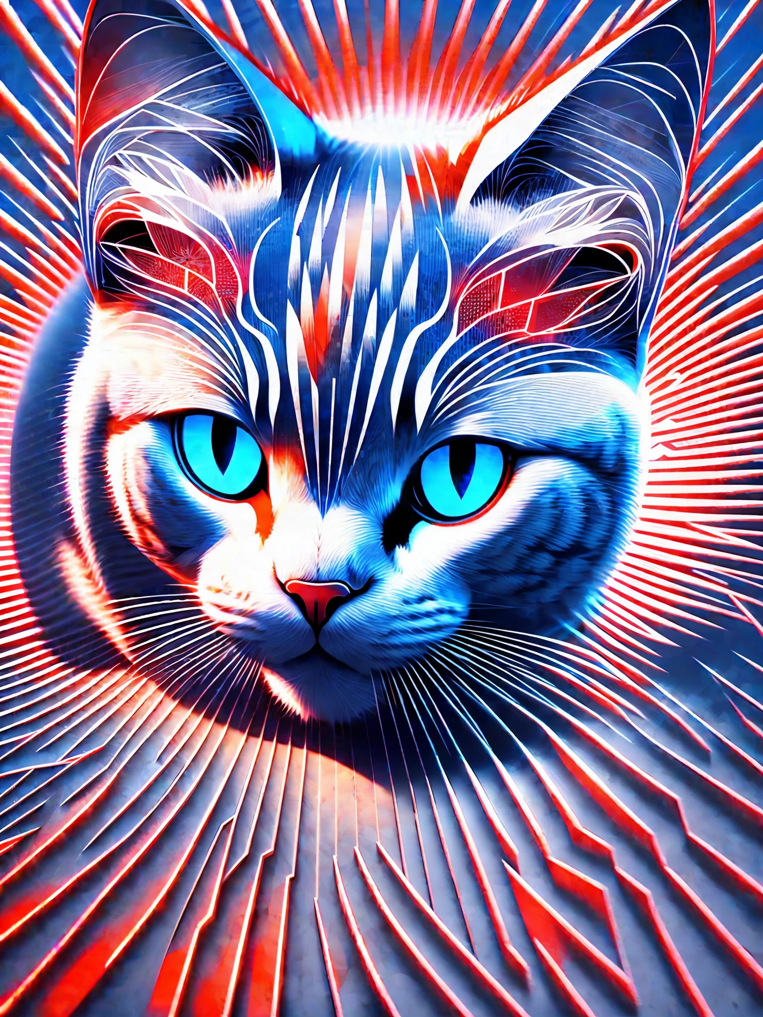 Algorithmic digital generative art. Create a white cat by taking selfies. Monochrome background of red and blue, illuminated by the sun. Elements: a moon at the top right and a sun at the top left. --auto --s2